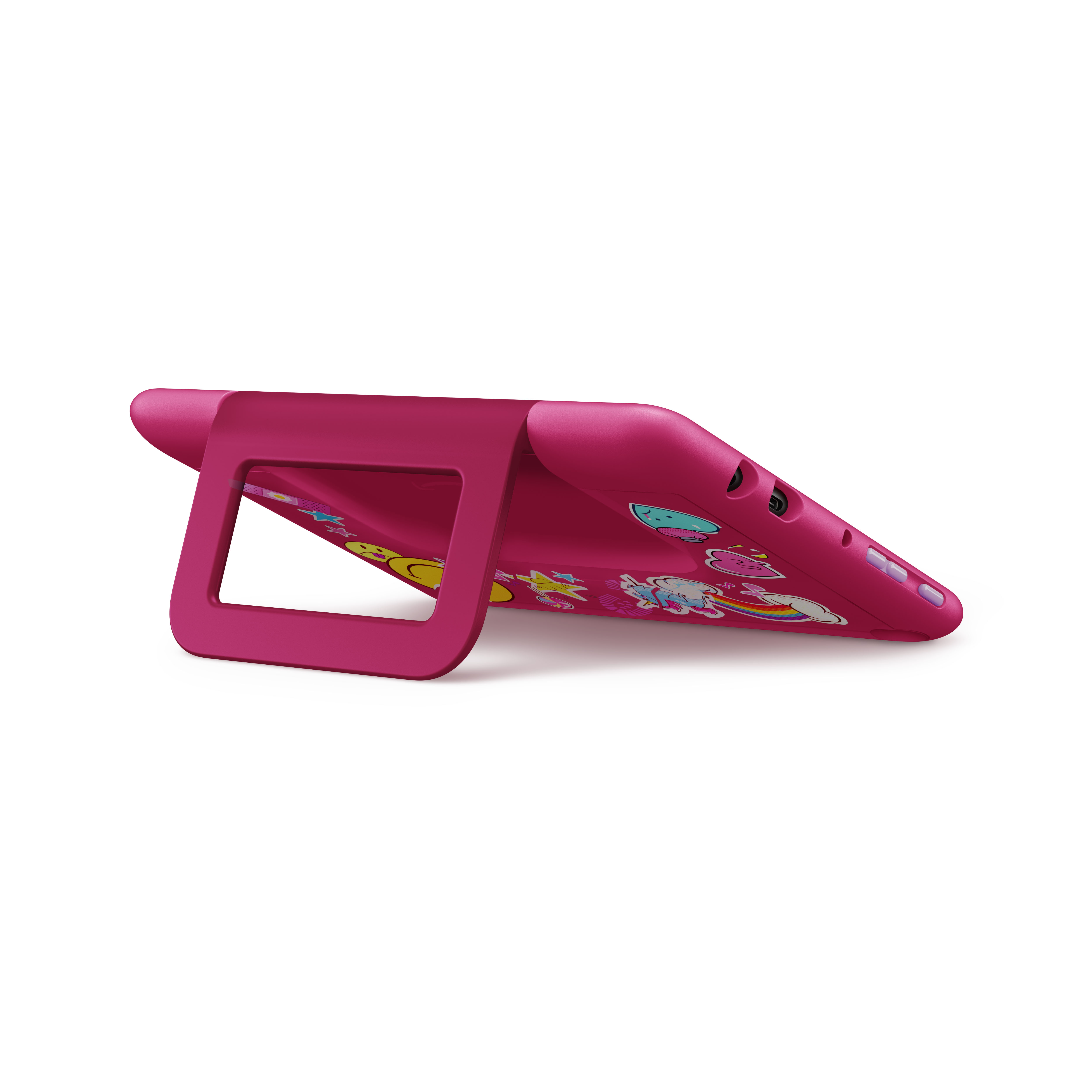 Rosa Tablet mit My Little Pony Design, auf einem rosa Ständer, vor weißem Hintergrund.