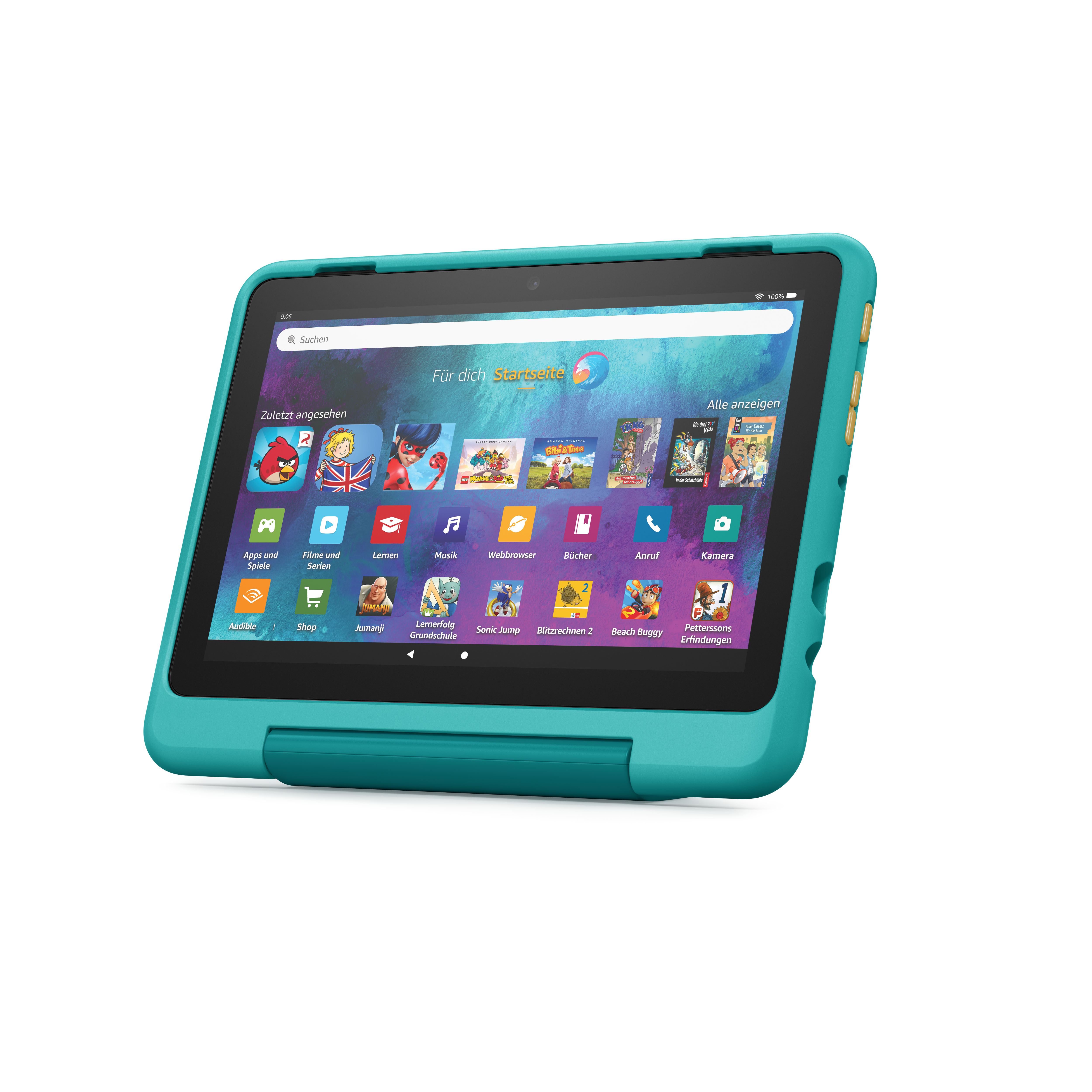 AMAZON Fire (2022), Tablet, Zoll, GB, Kids HD Farbton 8 Pro Blau-Grün Schwarz, 8 in 32 mitgelieferte Hülle