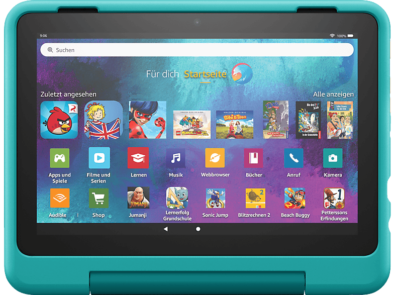 AMAZON Fire HD 8 Kids Pro (2022), Tablet, 32 GB, 8 Zoll, Schwarz, mitgelieferte Hülle in Farbton Blau-Grün