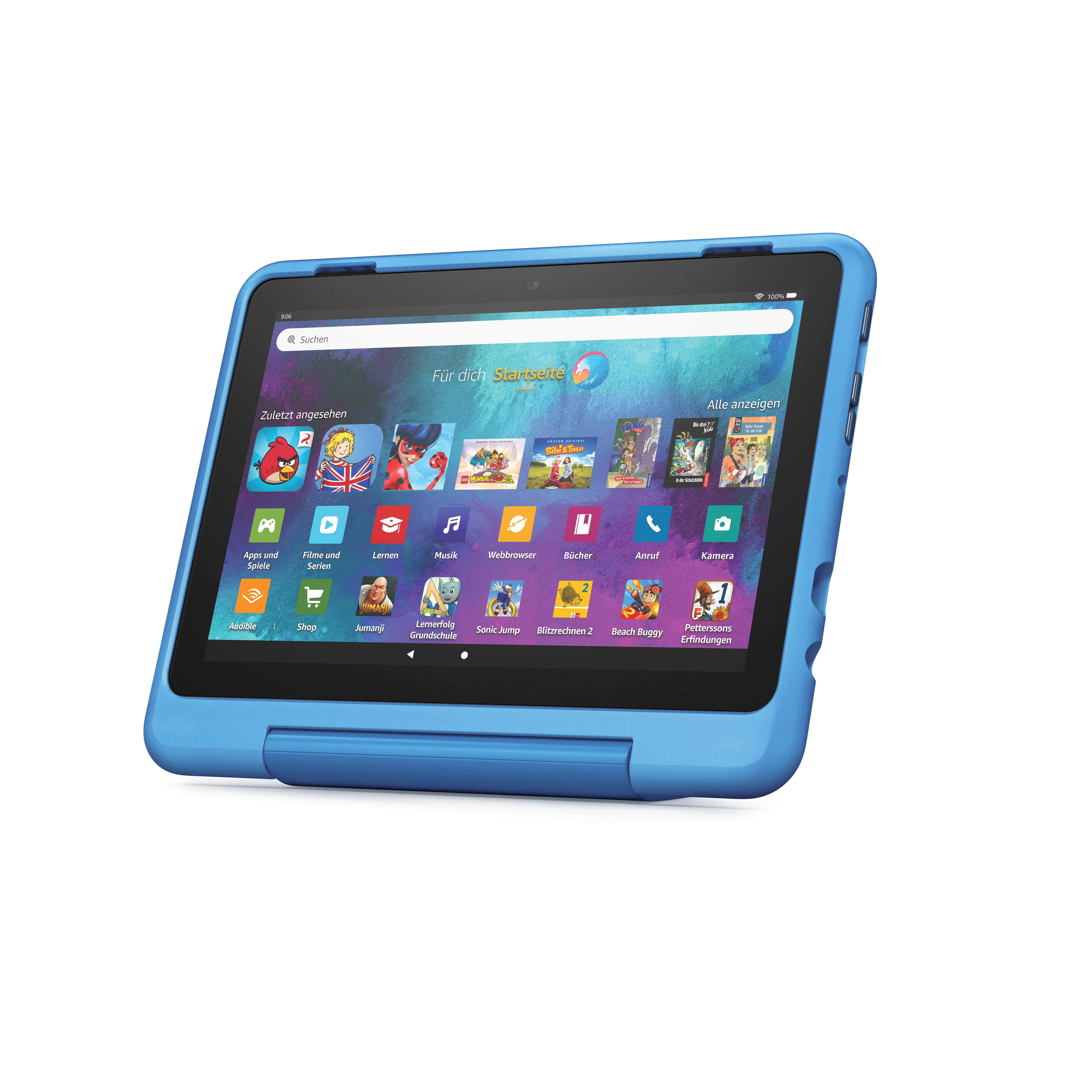 Blaues Tablet mit Touchscreen-Display. Helle Symbole sind sichtbar.