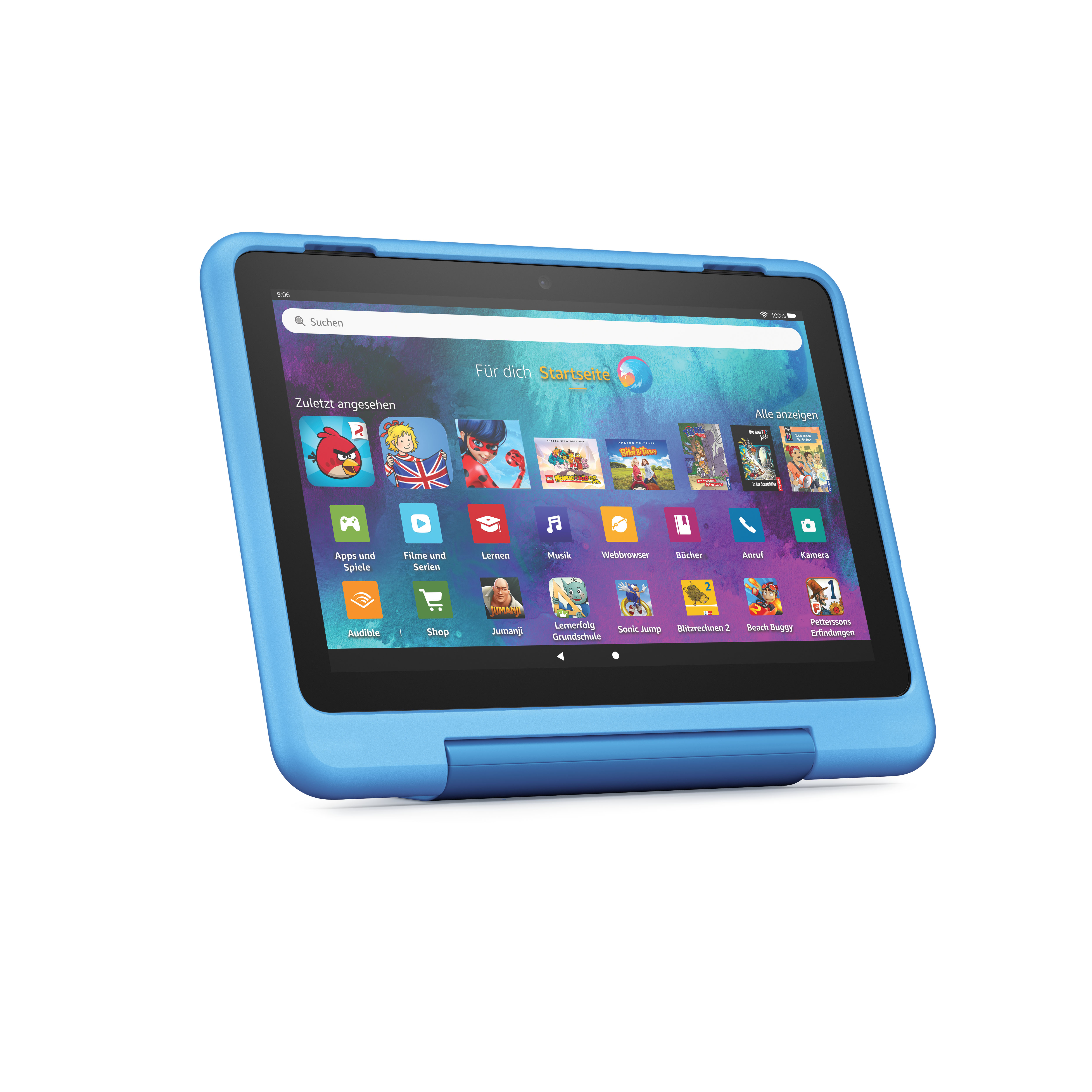 Blaues Tablet, das einen Startbildschirm mit App-Symbolen anzeigt.