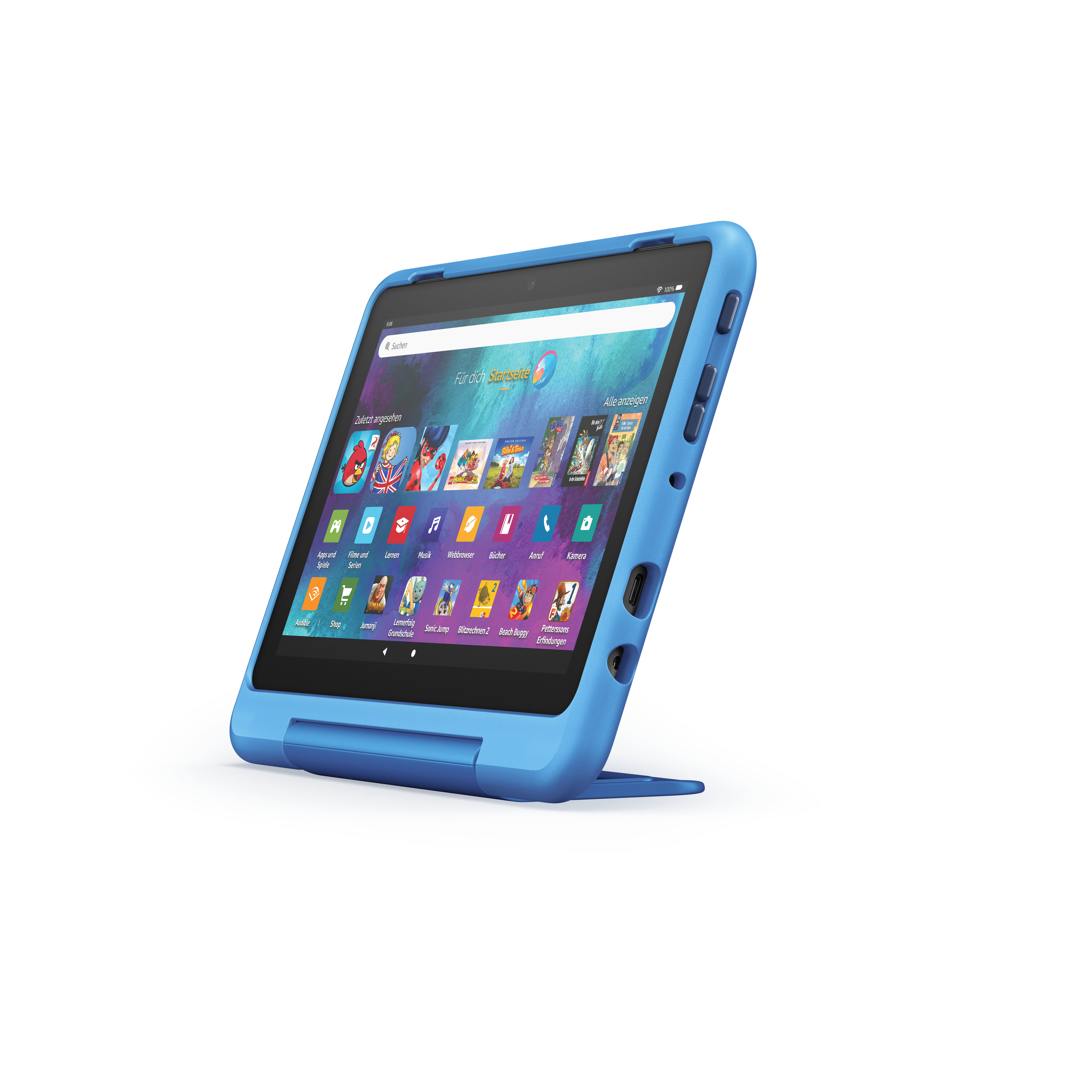 Ein blaues Tablet ist auf einer weißen Oberfläche abgewinkelt und zeigt eine Kinderschnittstelle.