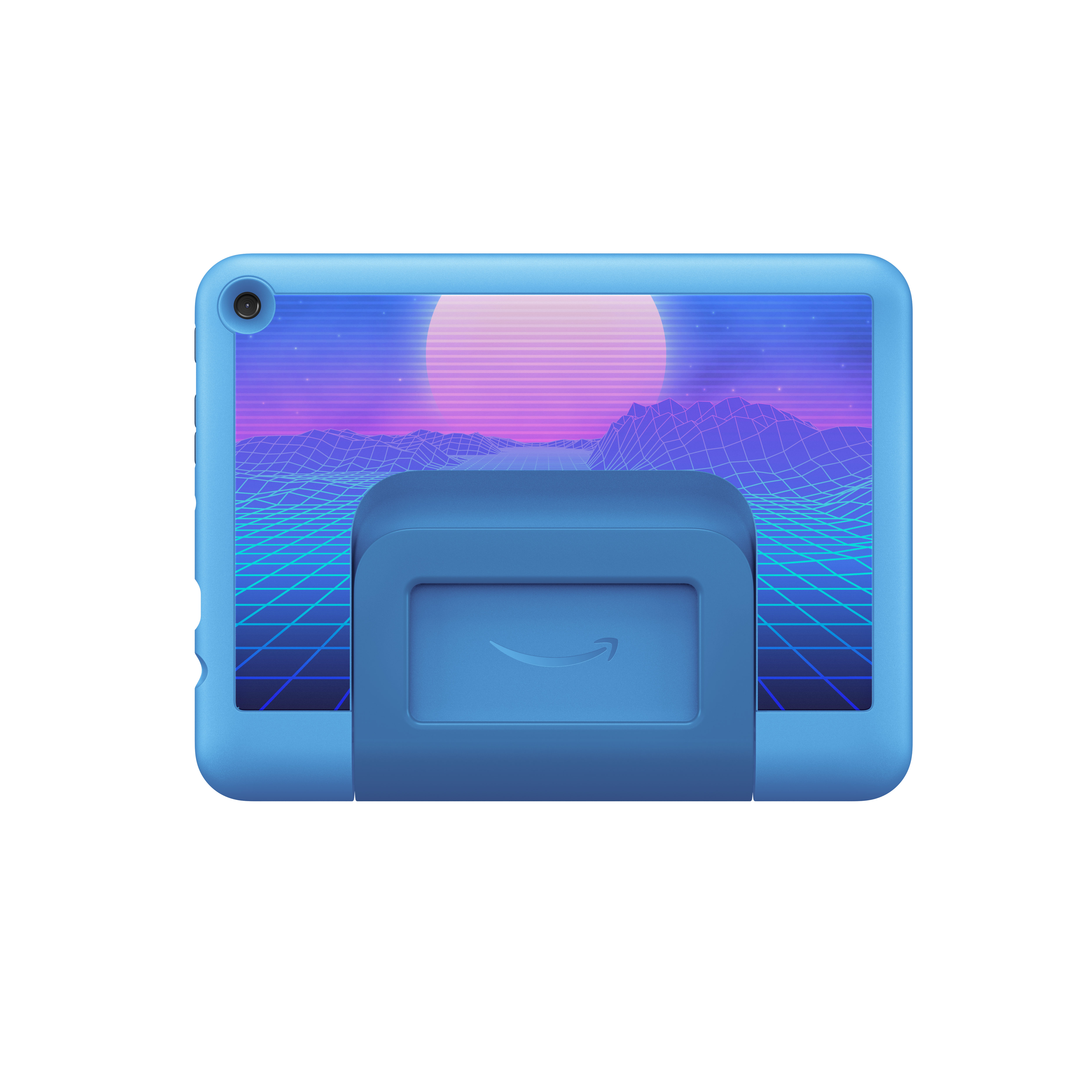 Blaues Tablet mit blauem Stoßfänger und Landschaft auf dem Bildschirm. Weißer Hintergrund.