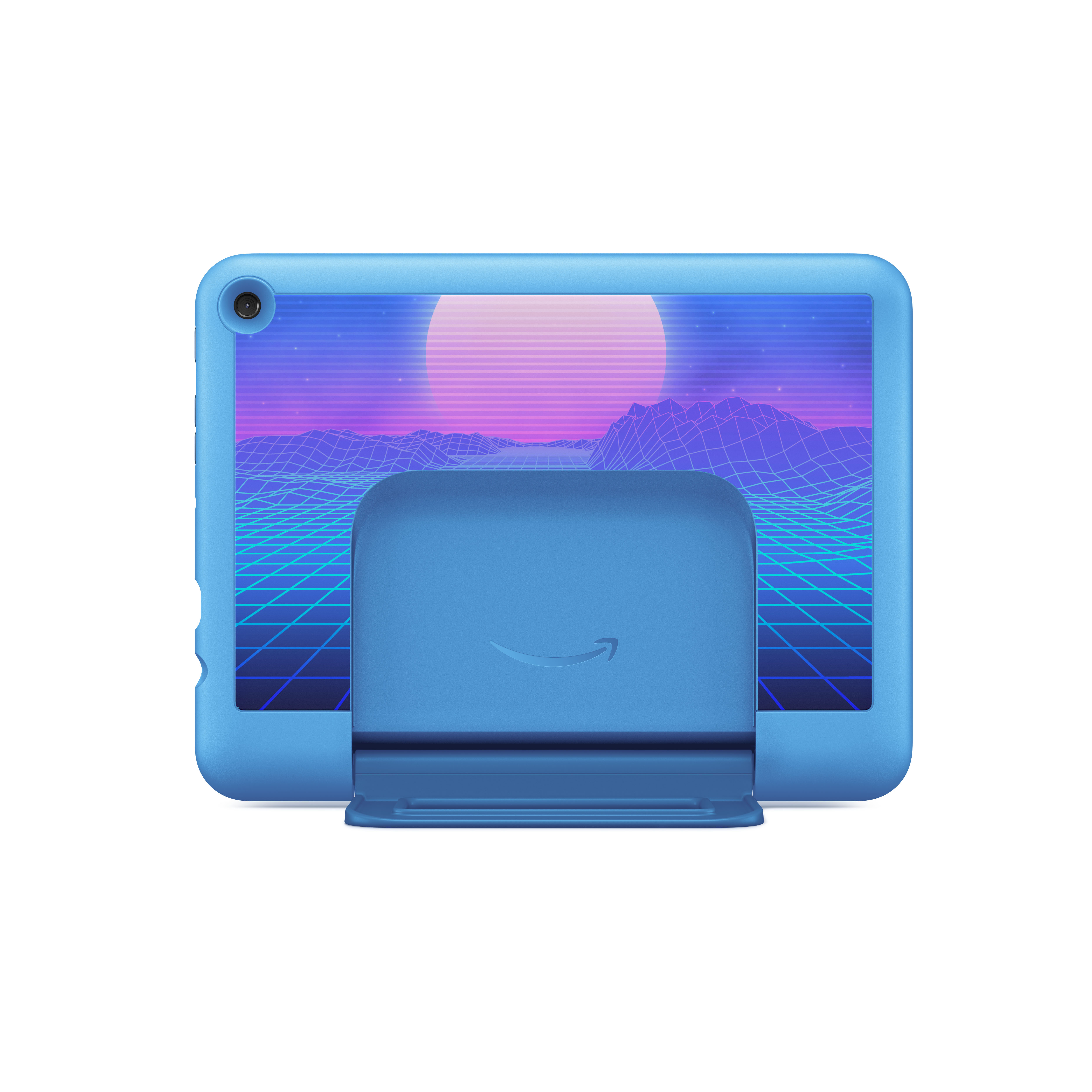 Blaues Tablet mit blauem Ständer, zeigt einen Hintergrund im Retro-Stil.