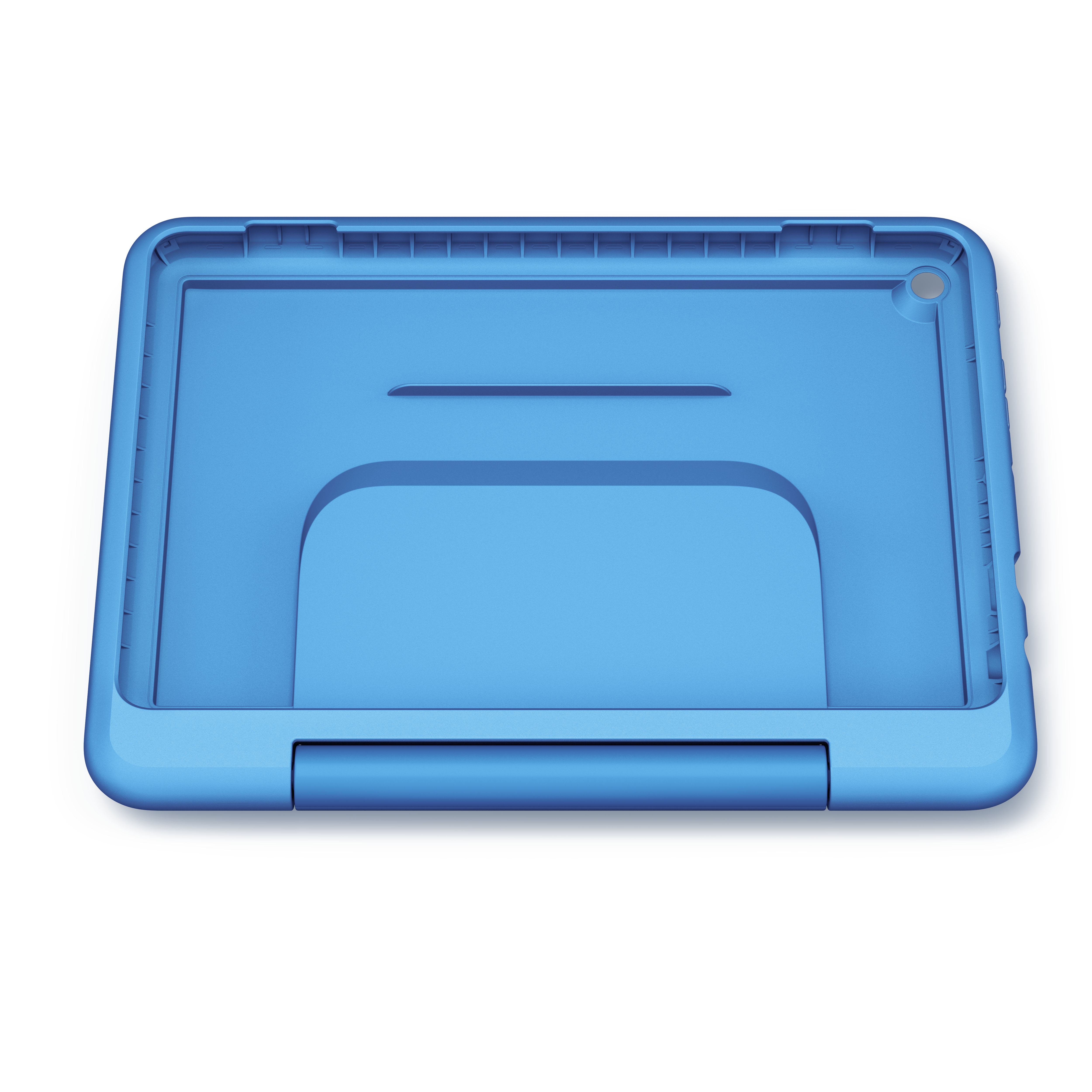 Blaue Tablet-Hülle, offen und leer, zeigt das Innere der Hülle und ihre Form.
