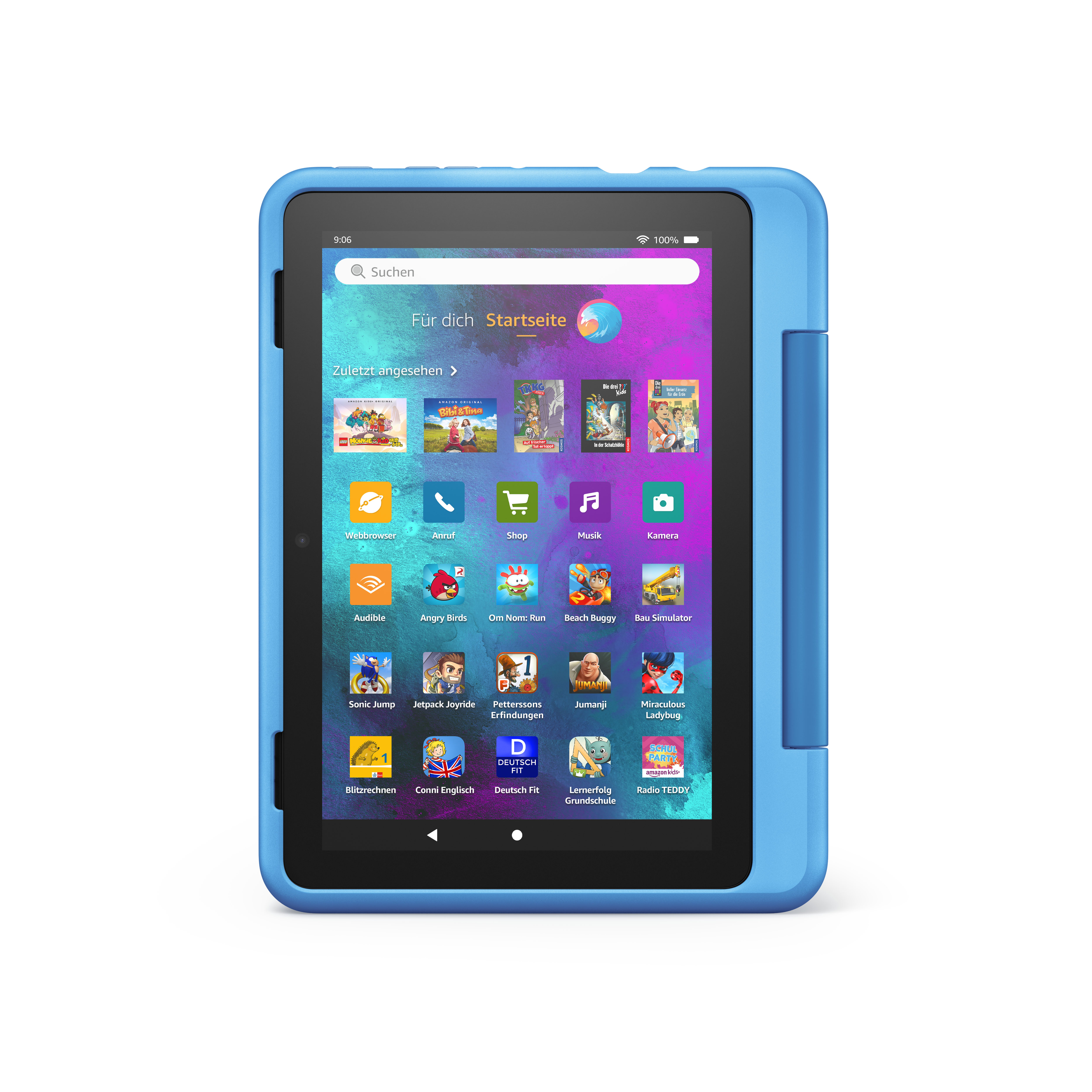 Blaues Tablet mit einem Bildschirm, der App-Symbole anzeigt. Das Tablet befindet sich in einer blauen Schutzhülle.