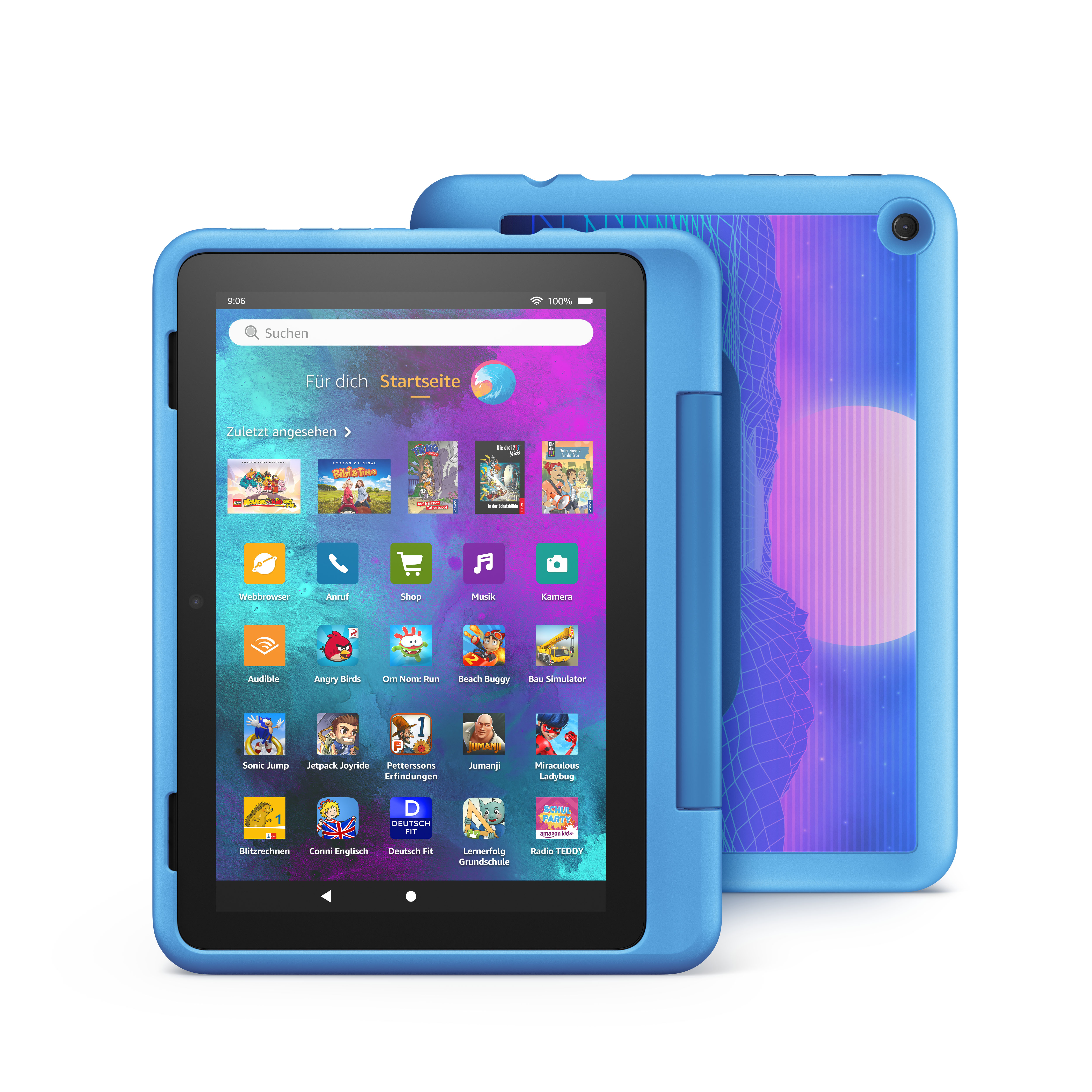 Ein blaues Tablet mit einem Bildschirm, der App-Symbole zeigt. Das Tablet befindet sich in einem blauen Gehäuse.