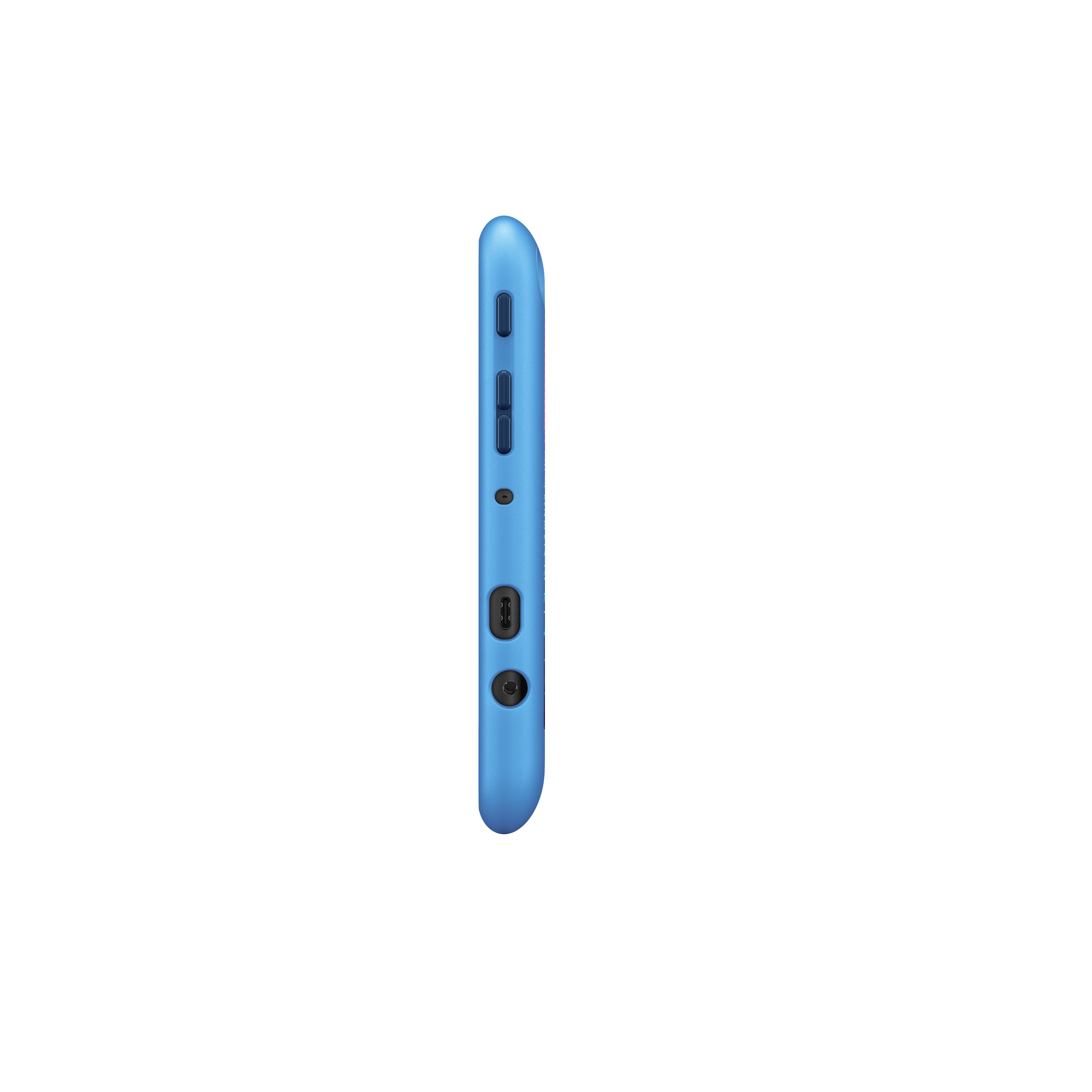 Die Seite eines blauen Smartphones, die Knöpfe und Anschlüsse zeigt. Das Telefon ist im Fokus.