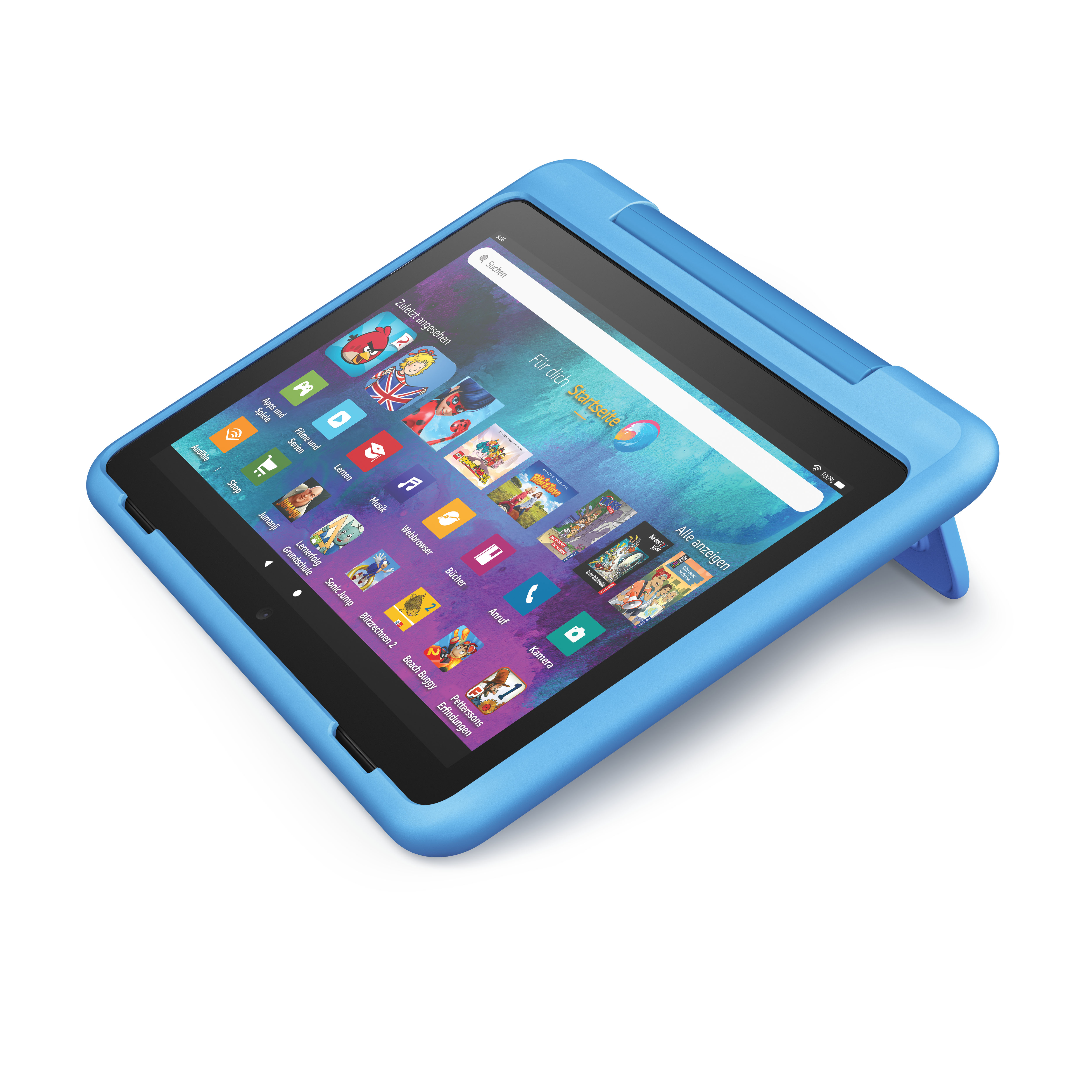 Blaues Tablet mit blauem Gehäuse. Der Bildschirm zeigt eine bunte App-Auswahl.
