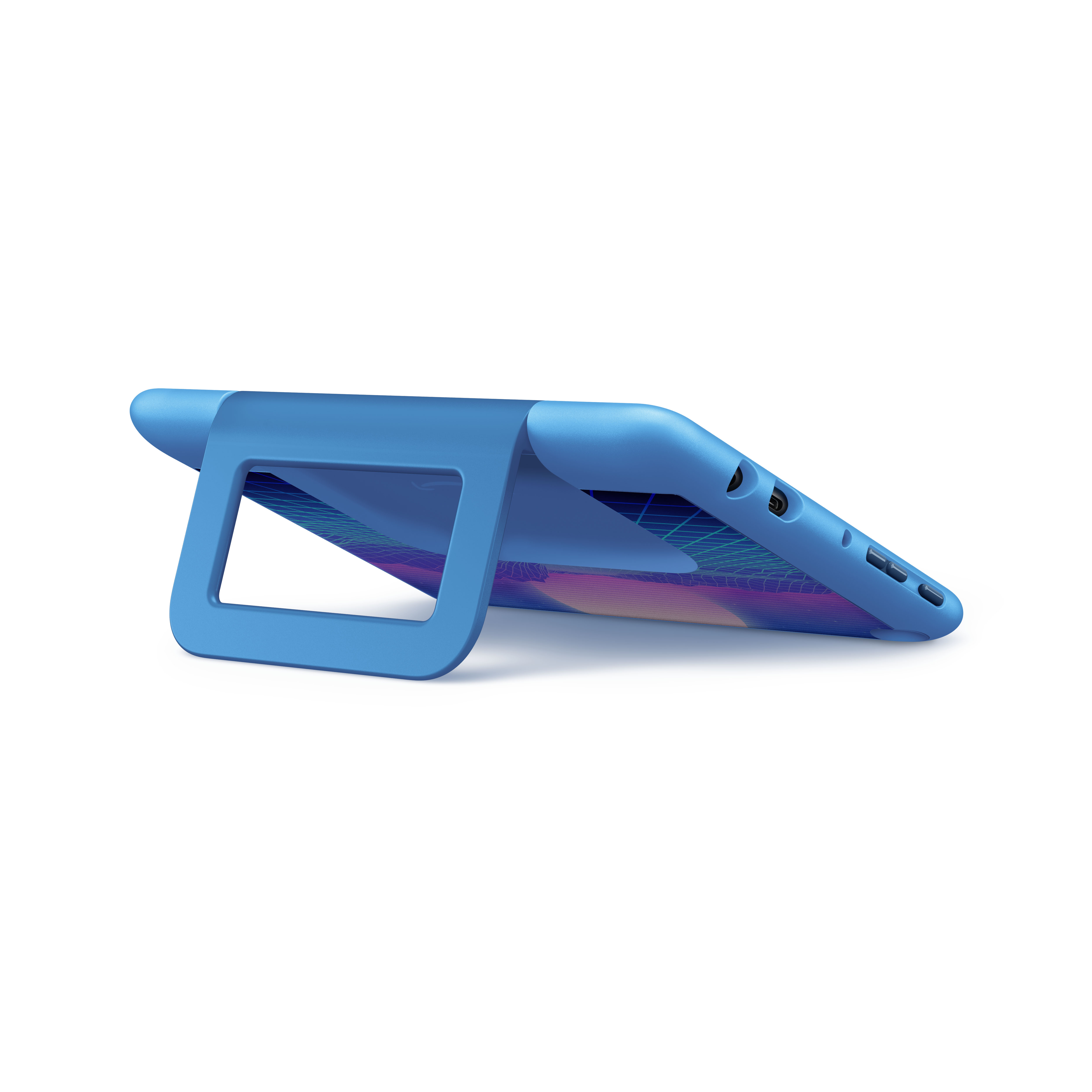 Blaue Tablet-Hülle mit Ständer. Der Ständer ist Teil der Hülle selbst. Der Bildschirm ist sichtbar.