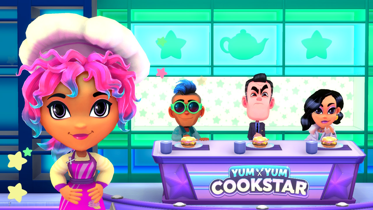 Stripfiguur chef-kok met roze haar en juryleden bij een kookshow.