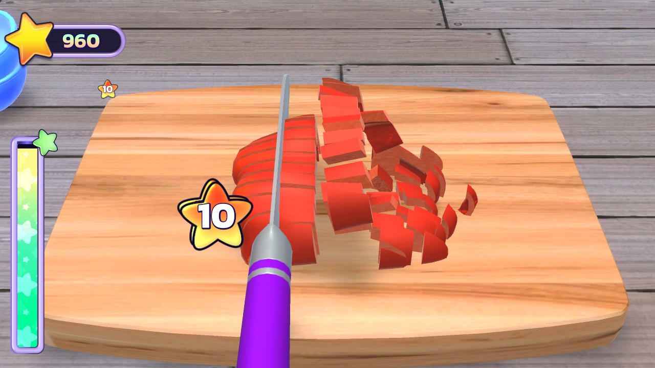 Een spelscherm, een mes snijdt rode paprika's op een houten snijplank.