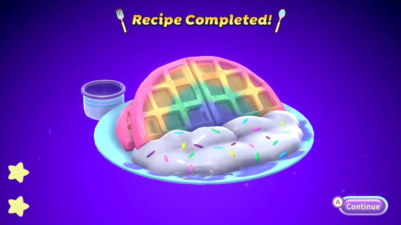 Een bord met regenboogwafels, room en hagelslag, met de tekst "Recept voltooid!"