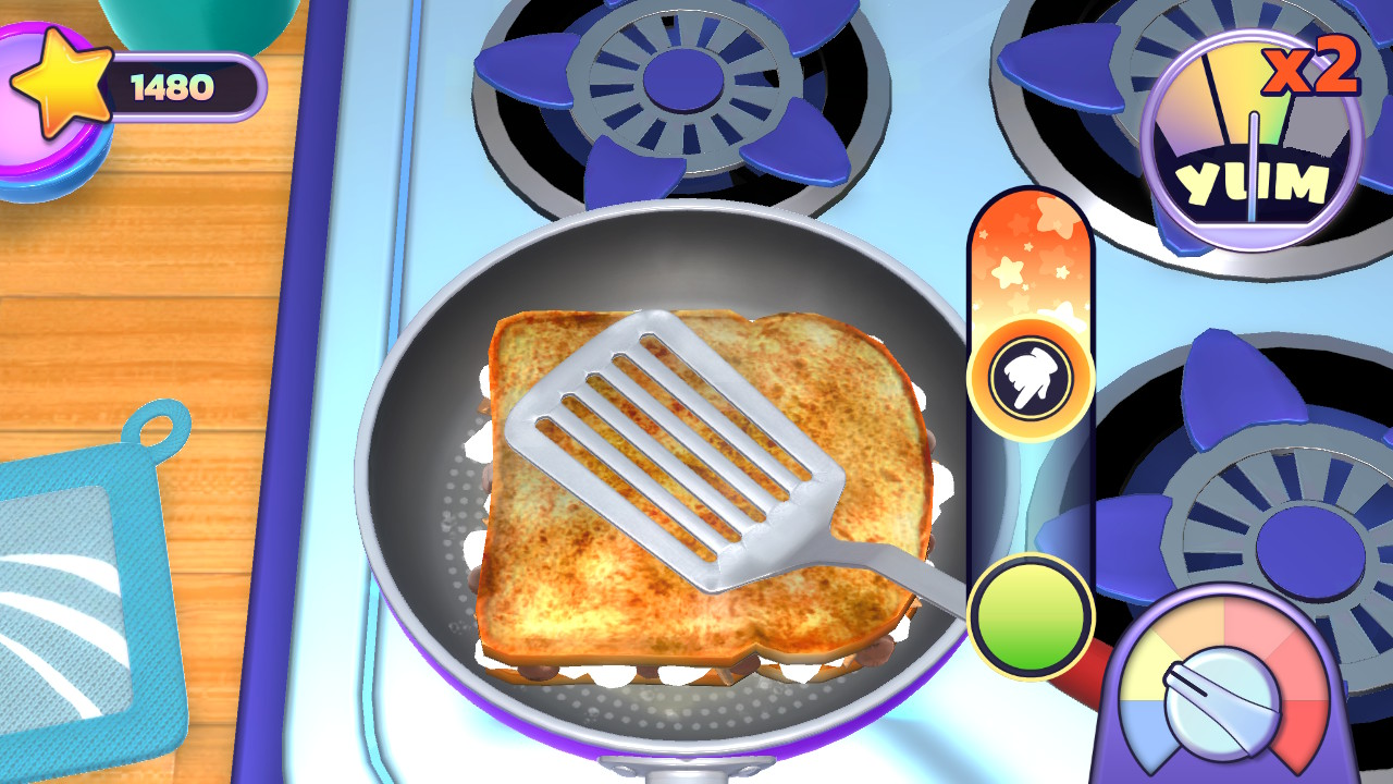 Bovenaanzicht van een gegrilde kaassandwich die in een pan bakt, spelinterface zichtbaar.