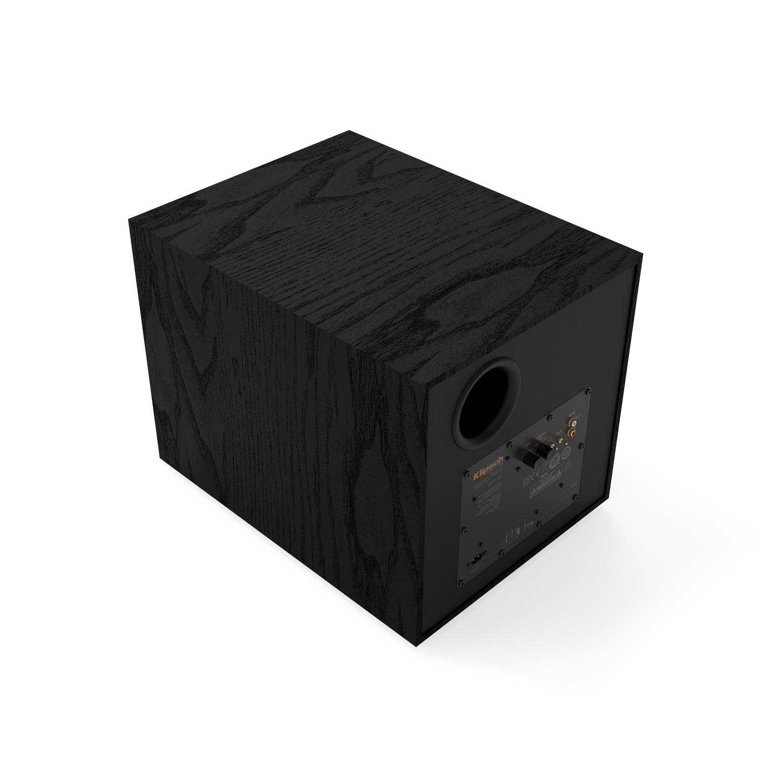 Black wooden subwoofer with Klipsch logo and connector panel on the back.