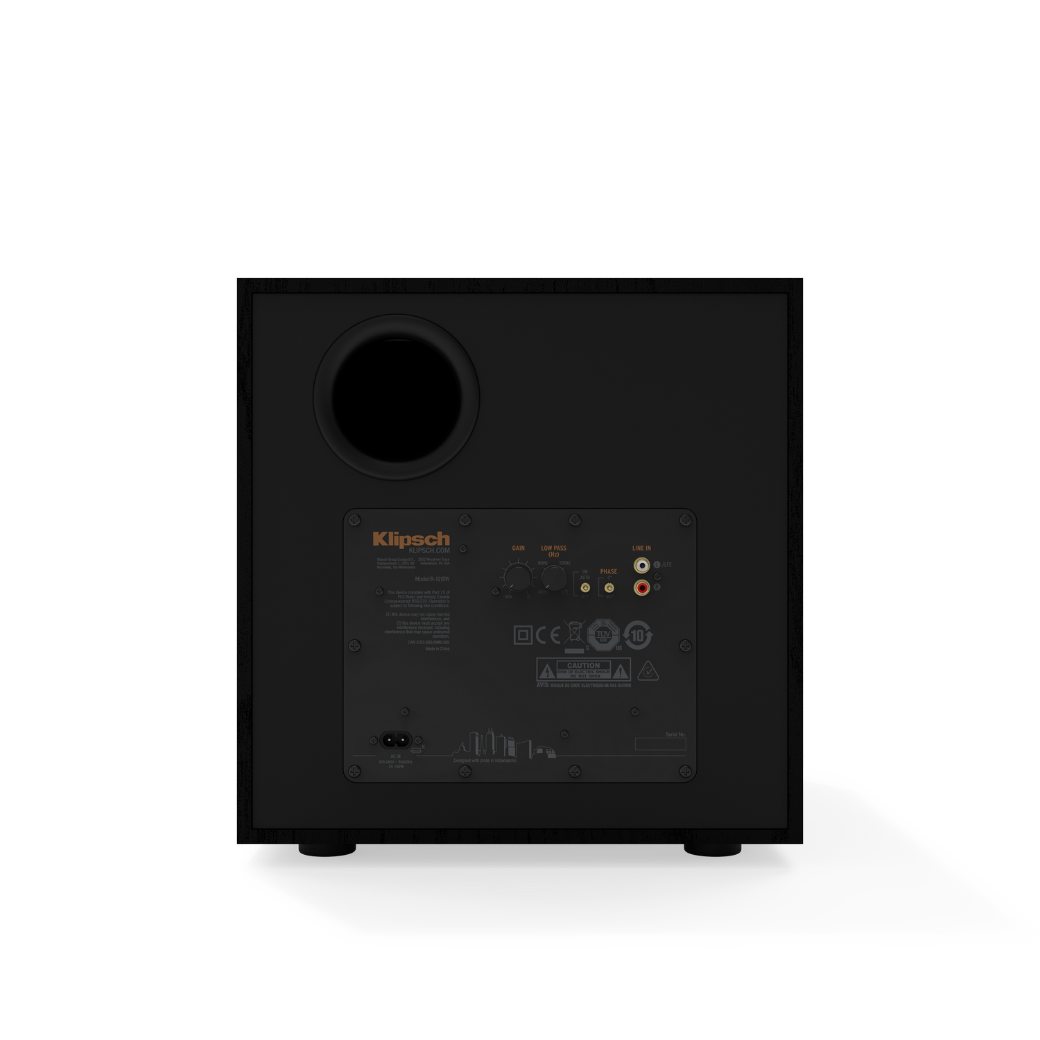 Klipsch subwoofer, rear view. Black box. Inputs and controls visible.