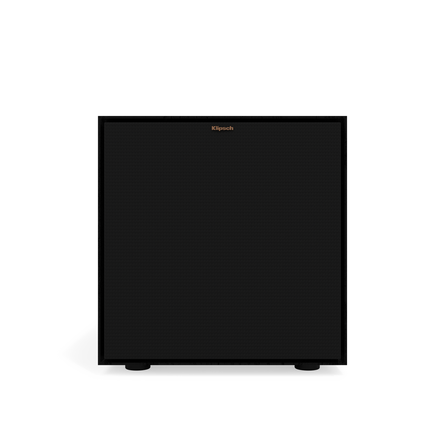 Black Klipsch subwoofer. Square, with a grid pattern, on a black surface.
