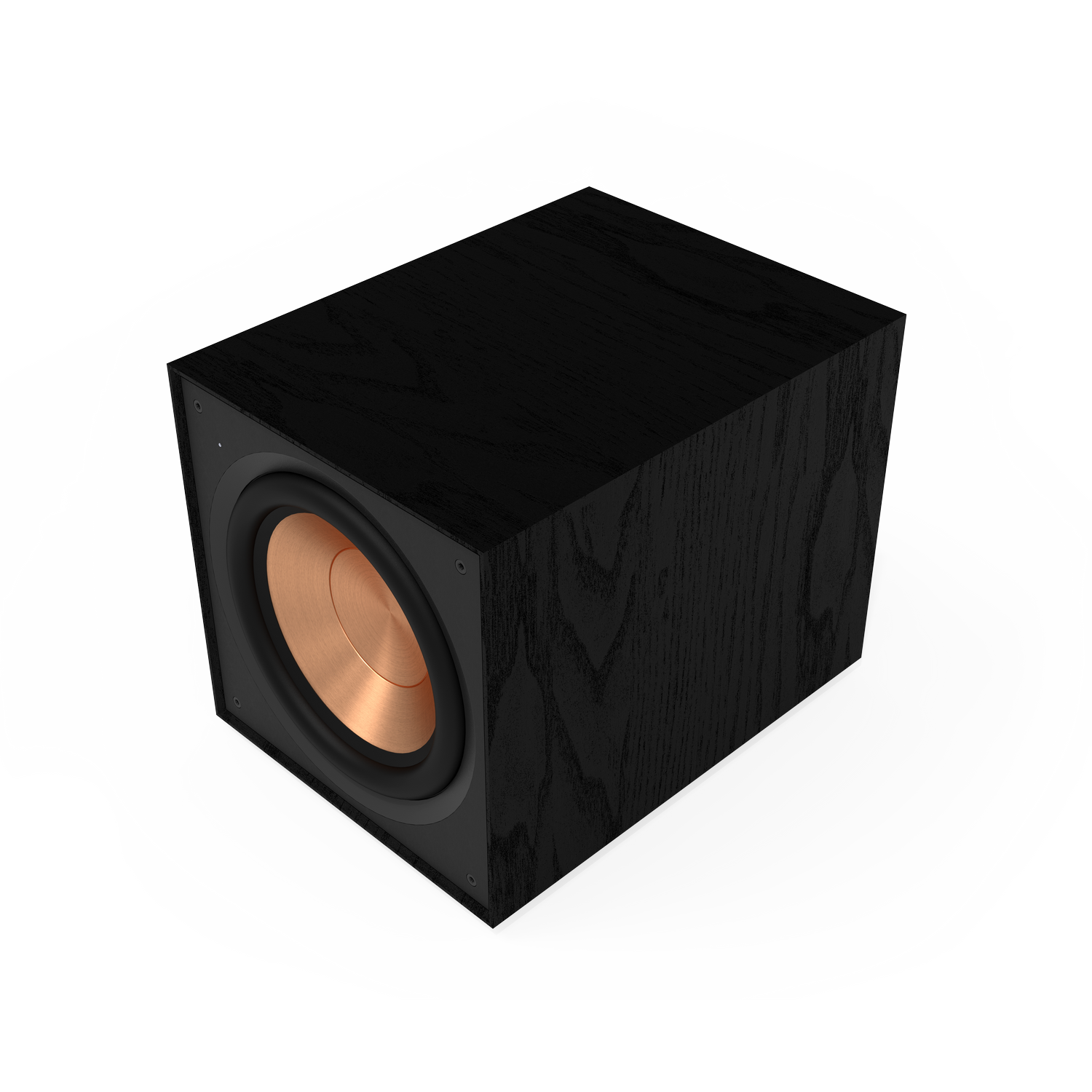 Black subwoofer with copper cone, angled view, isolated on white background.