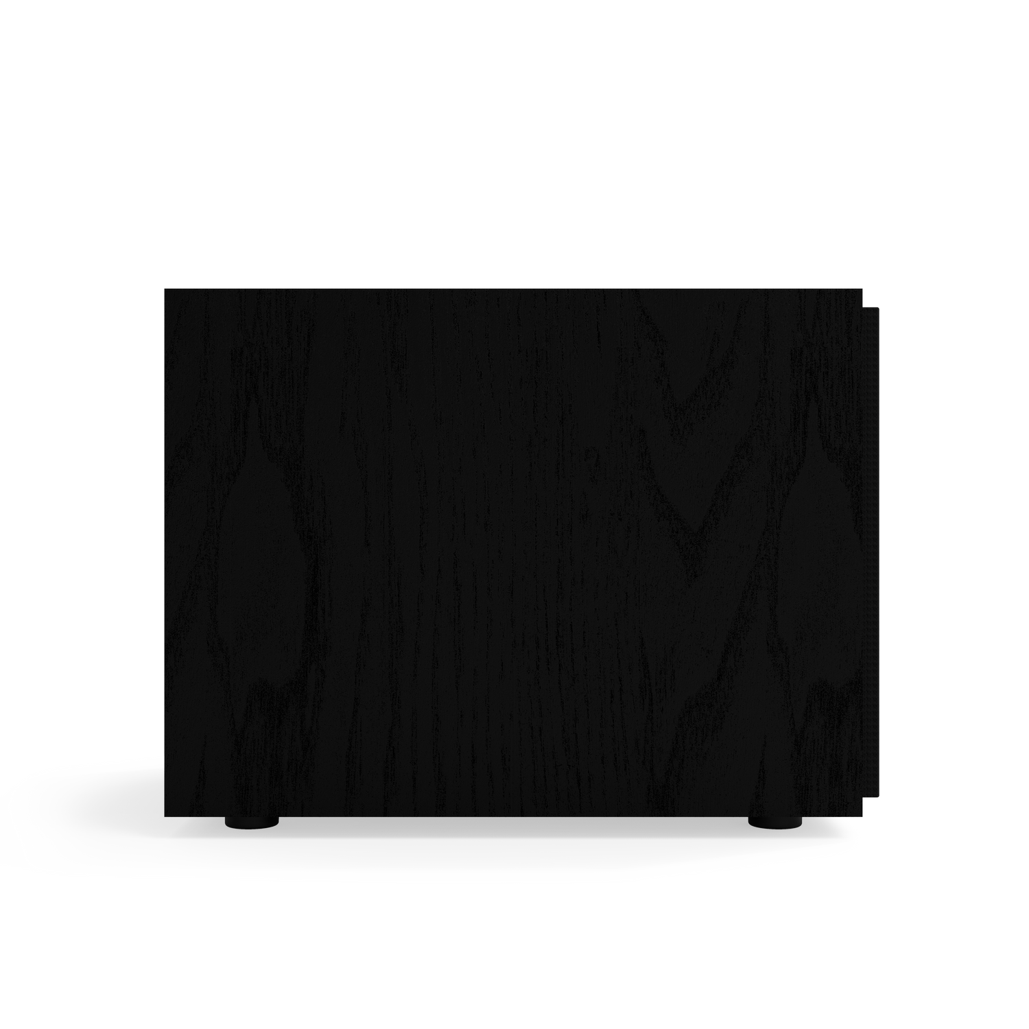 Black wooden box from side view. Four black feet on the bottom. White background.