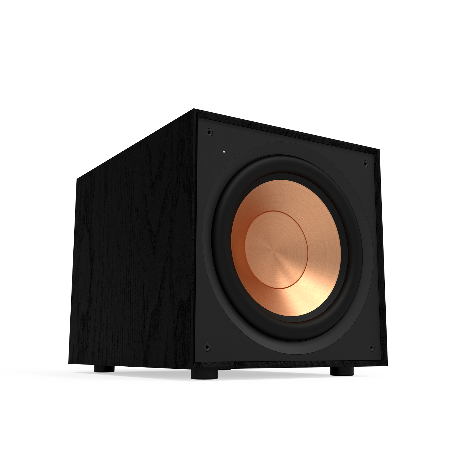 Black subwoofer with a copper cone, on a black background, showing its side.