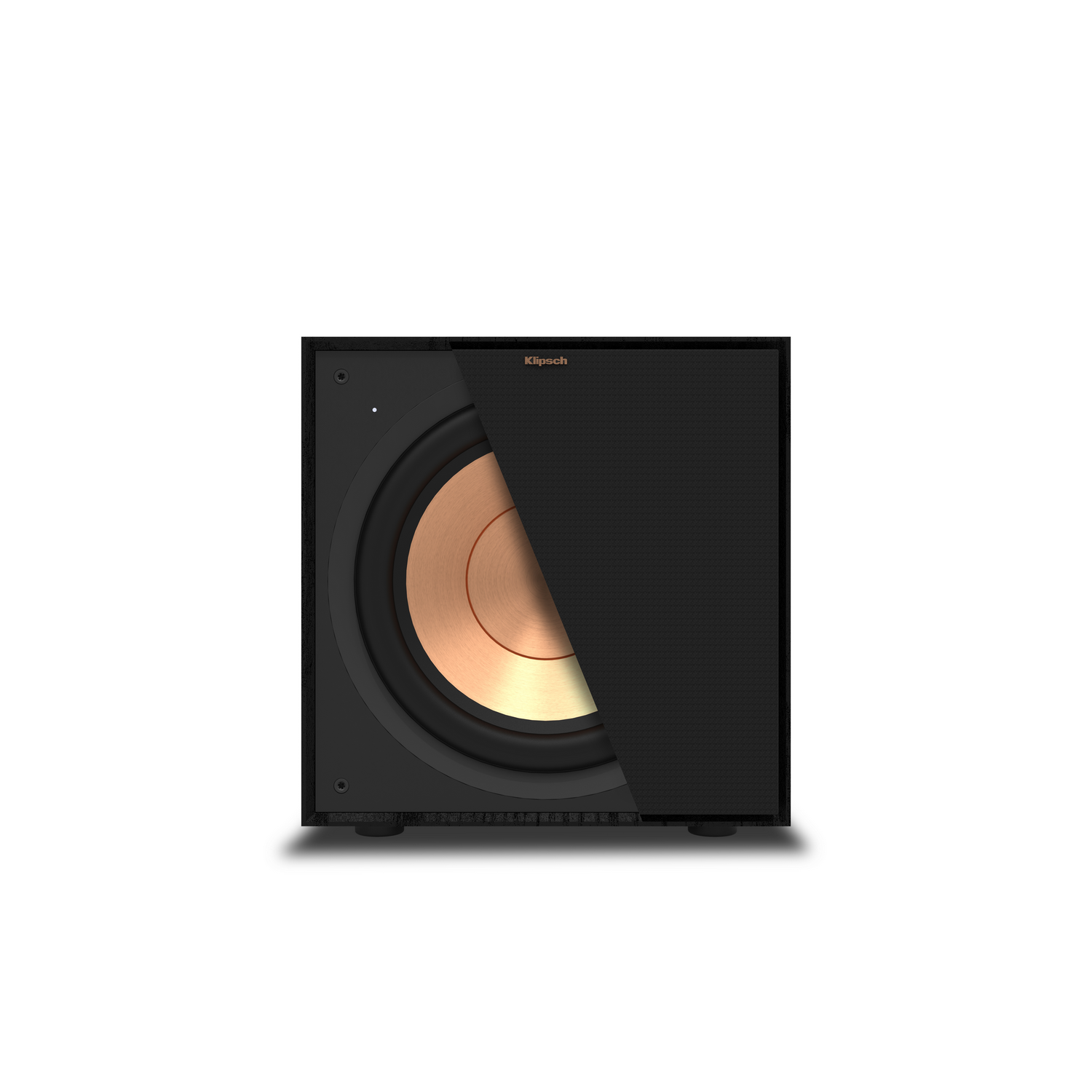 Black Klipsch subwoofer, front view. Copper cone partially visible behind a black grill.