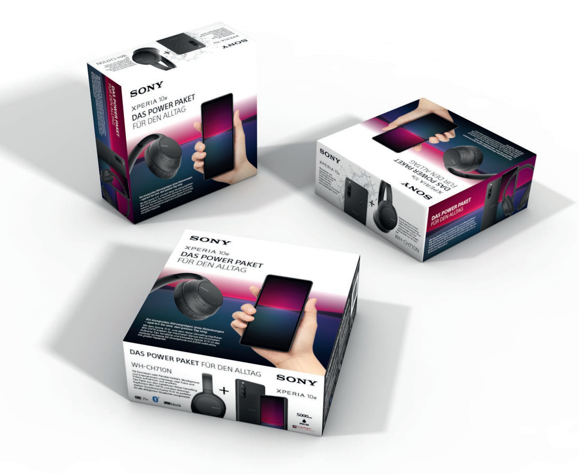 Drei Schachteln mit Sony-Produkten: ein Smartphone, Kopfhörer und ein Powerpack.