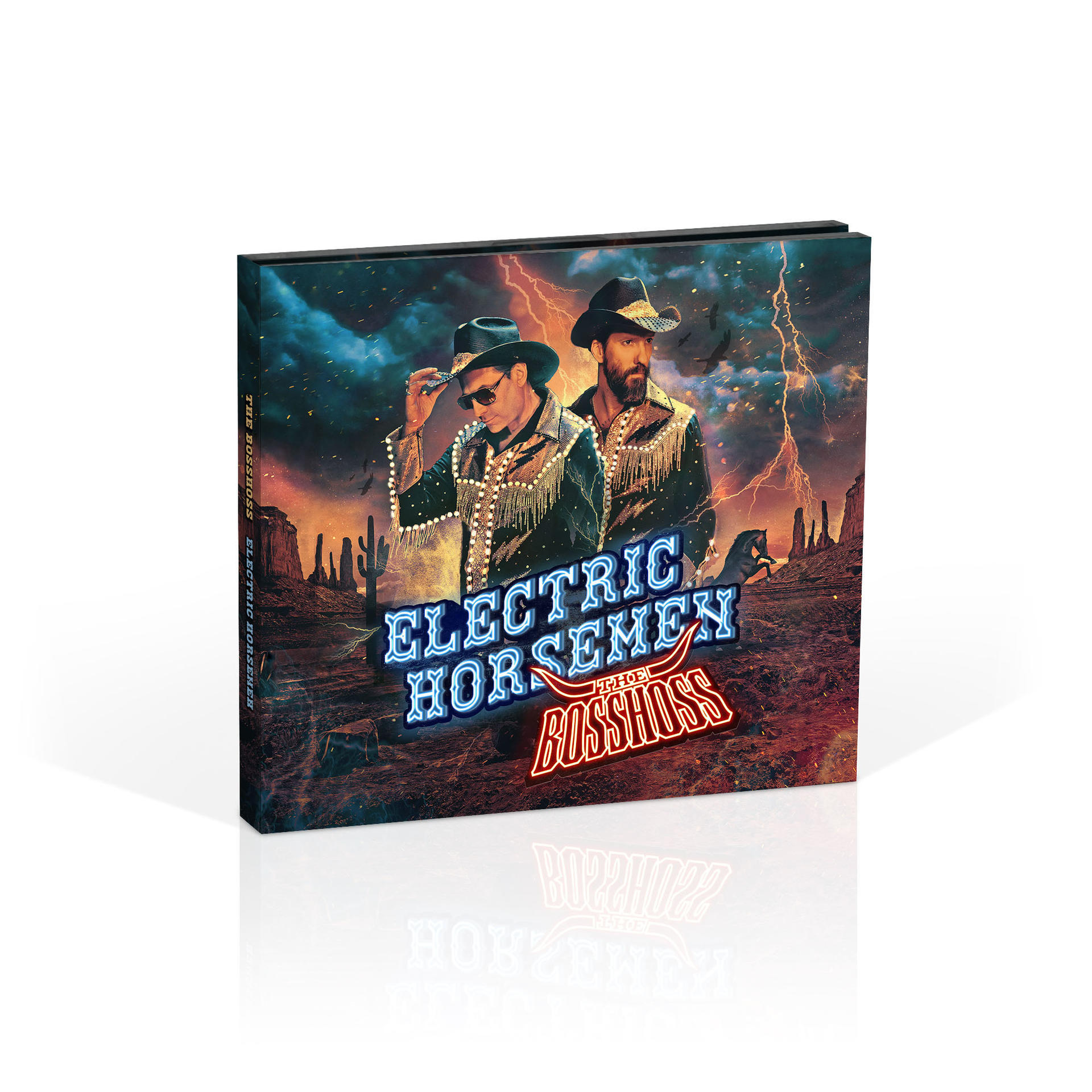 Albumcover: Zwei Männer in Cowboyhüten und -outfits. Neon "ELECTRIC HORSEMEN"-Text.