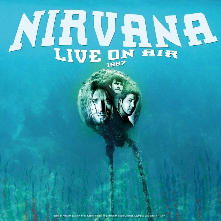 A Nirvana 'Live on Air' album borítója, a zenekar tagjainak képeivel és szöveggel kék háttéren.