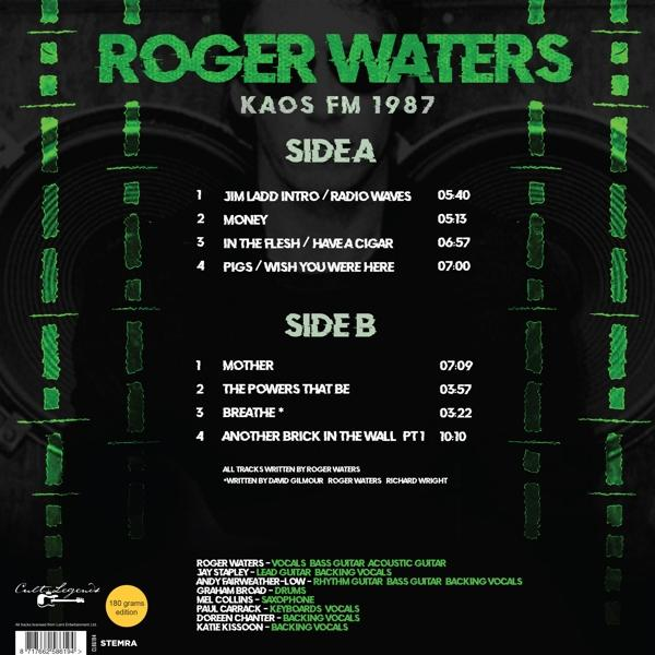 Vinil album borító Roger Waters-szel és számlistával. Zöld szöveg fekete háttéren.