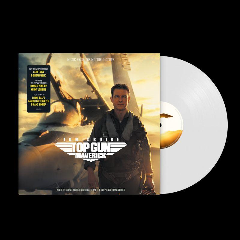 A Top Gun: Maverick bakelit lemez borítója. Tom Cruise repülőruhában egy sugárhajtómű előtt áll.