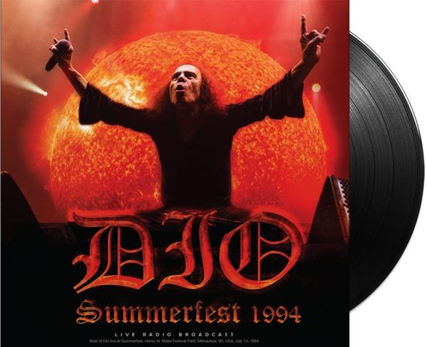 Egy bakelit lemez a DIO Summerfest 1994 album borítójával, piros nap háttérrel.