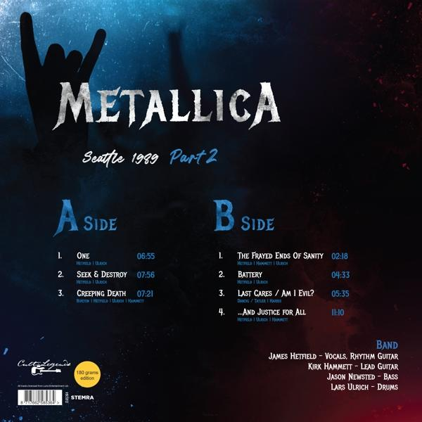 A Metallica 'Seattle 1989 Part 2' album hátlapja, a számok listájával és a zenekar tagjainak nevével.