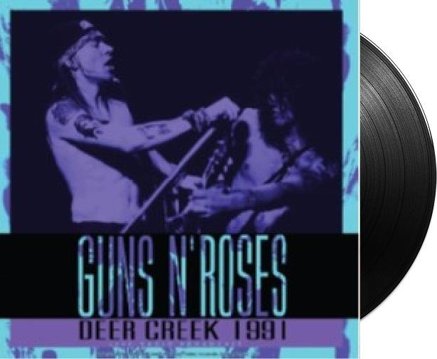 Guns N' Roses album borítója a zenekar tagjaival a színpadon és egy bakelit lemez.