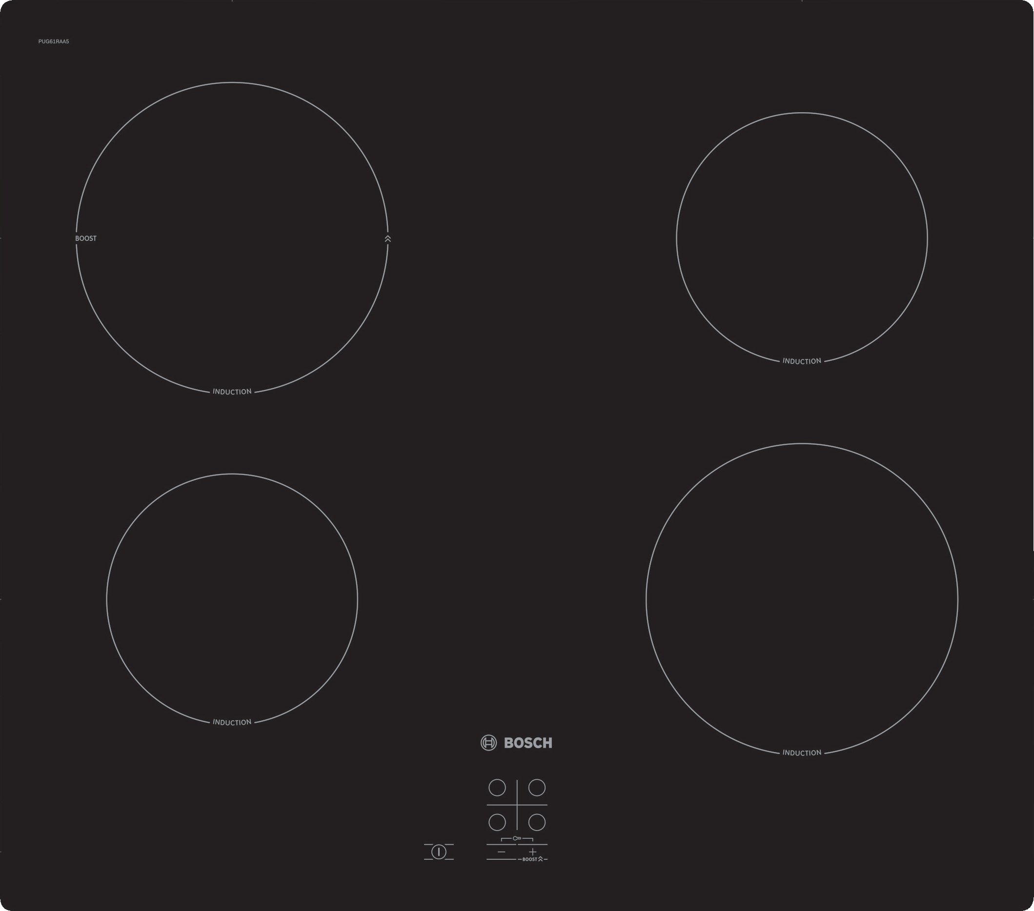 Black induction cooktop with four circular burners and touch controls.