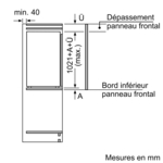 Een diagram met metingen en labels in het Frans, met de installatiespecificaties van een koelkast.
