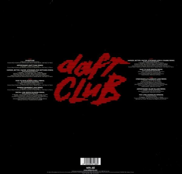 A Daft Club album hátulja számlistákkal fekete háttér előtt.
