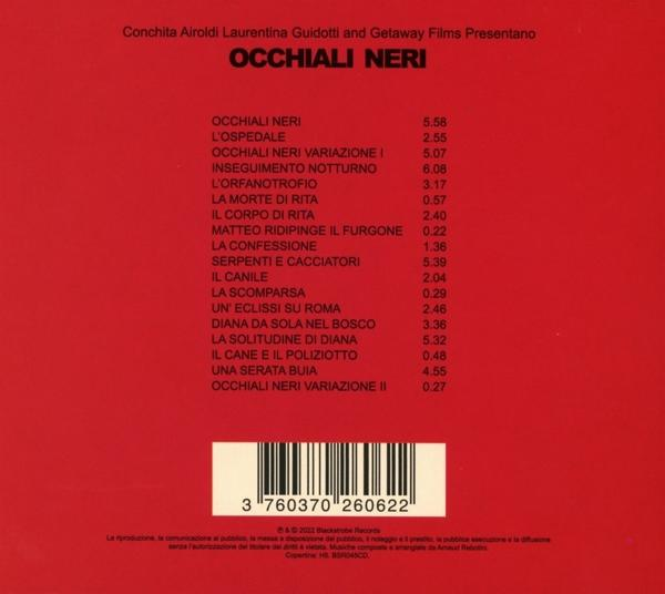 Rückseite einer CD mit dem Titel 'Occhiali Neri'. Enthält eine Titelliste und Copyright-Informationen auf rotem Grund.