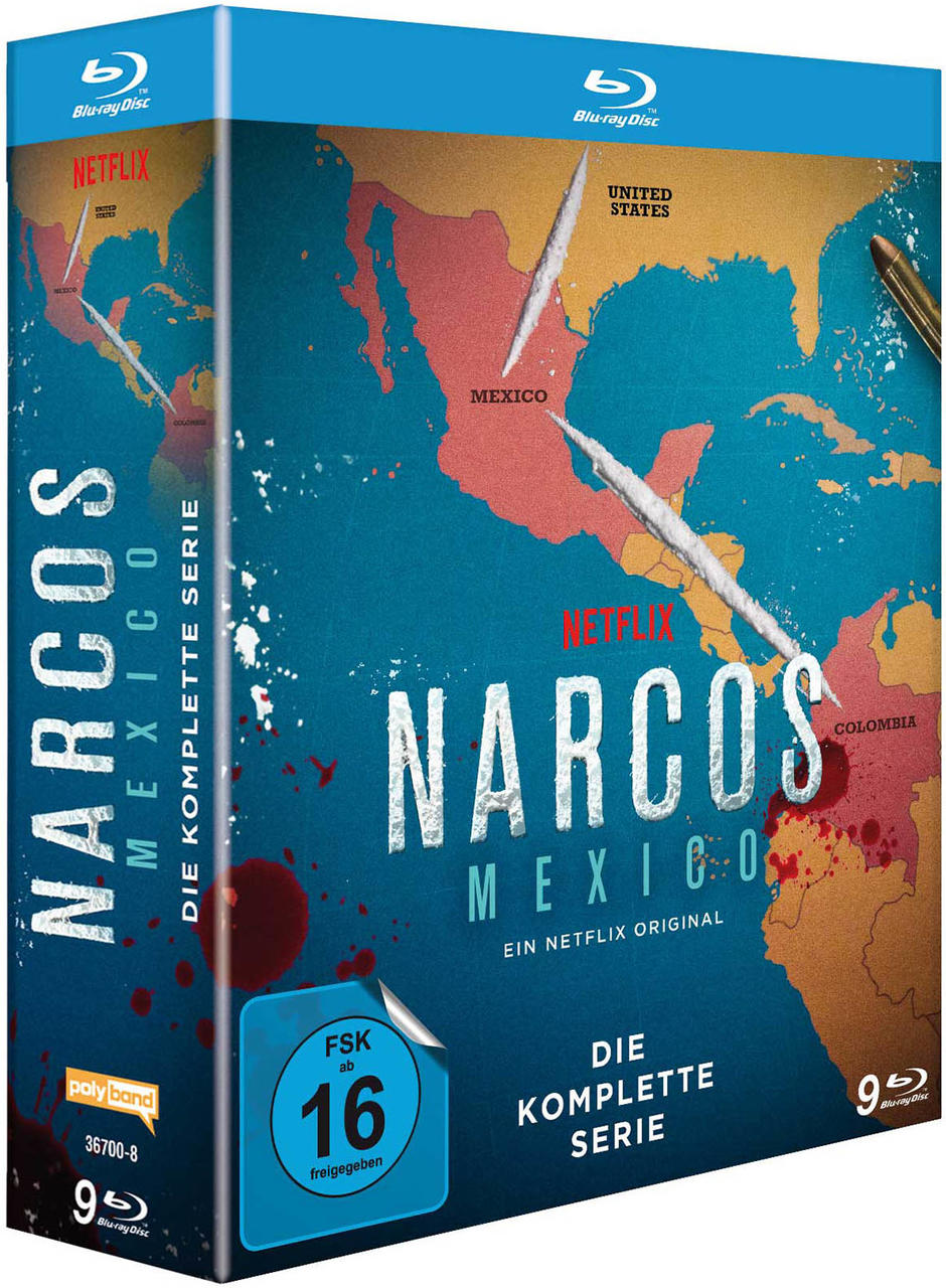 Narcos Mexico DVD-Boxset mit Karte und Netflix-Logo.