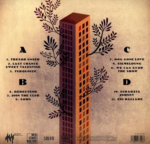 Albumcover mit einem Wolkenkratzer mit Zweigen darauf und Text über Musik.