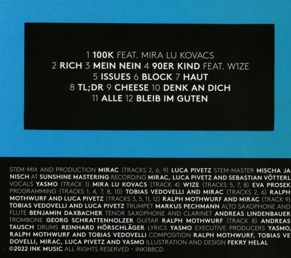 Schwarzes Album-Cover mit weißer Titelliste und Credits. Blaue obere und untere Kante.