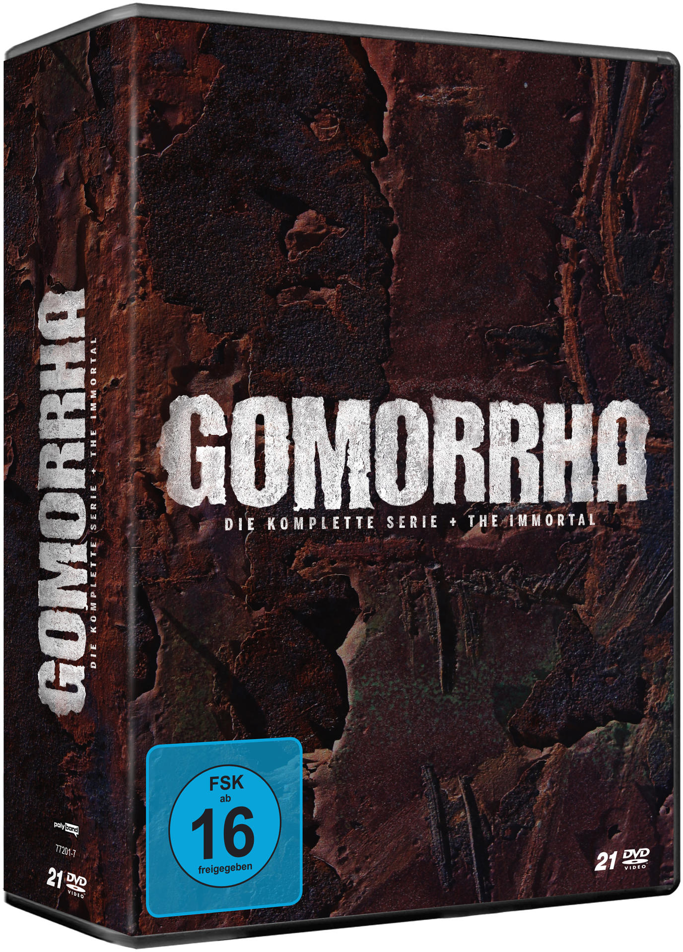 DVD-Box der Gomorrha-Serie, Text auf dem Cover mit strukturiertem braunem Hintergrund.