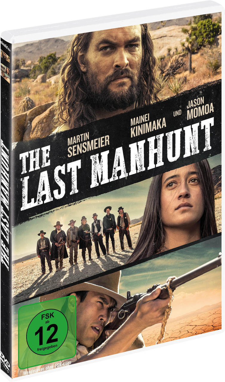 DVD-Cover mit Jason Momoa und anderen. Titel: The Last Manhunt. Western-Thema mit Wüstenhintergrund.
