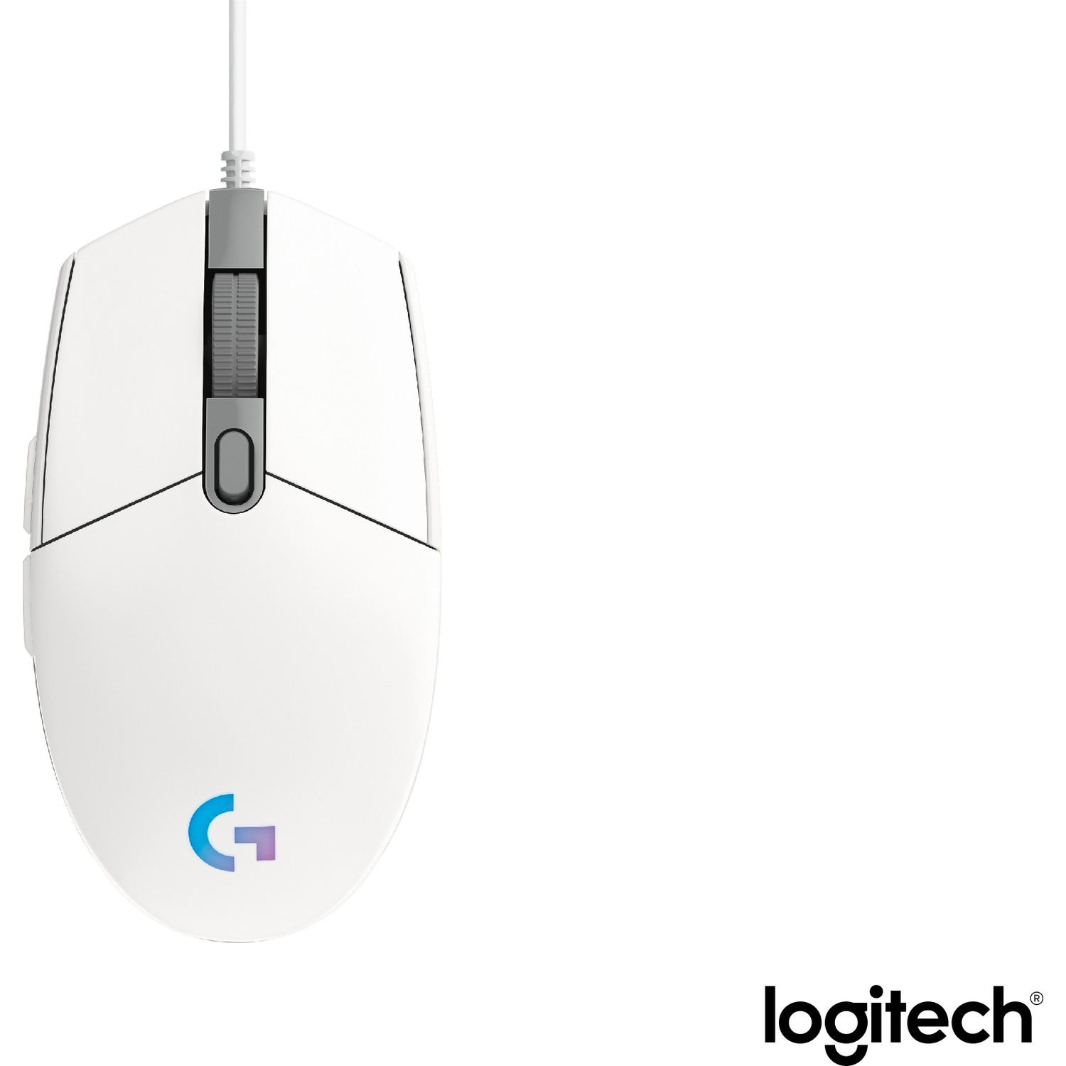 Logitech logosu olan beyaz bir bilgisayar faresi. Bir kaydırma tekerleği ve iki düğmesi var.