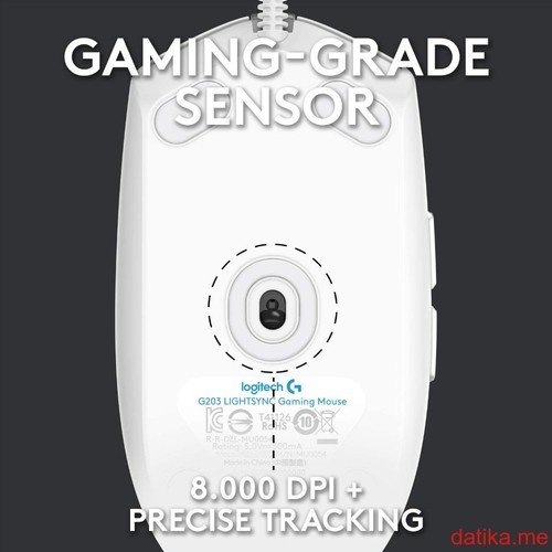 Beyaz bir oyun faresinin alt tarafı, 'G203 LIGHTSYNC' ve '8.000 DPI' yazısıyla.