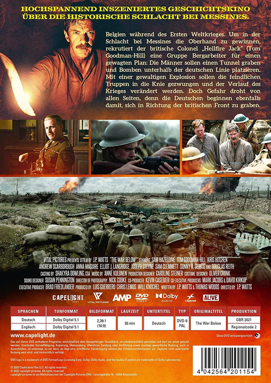 DVD-Cover für 'The War Below'. Enthält Bilder von Soldaten in Schützengräben und einem Männergesicht. Text in mehreren Sprachen.