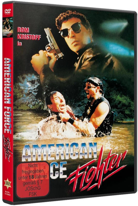 DVD-Cover. Ein Mann zielt mit einer Pistole auf einen anderen im Wasser. Titel: American Fighter.