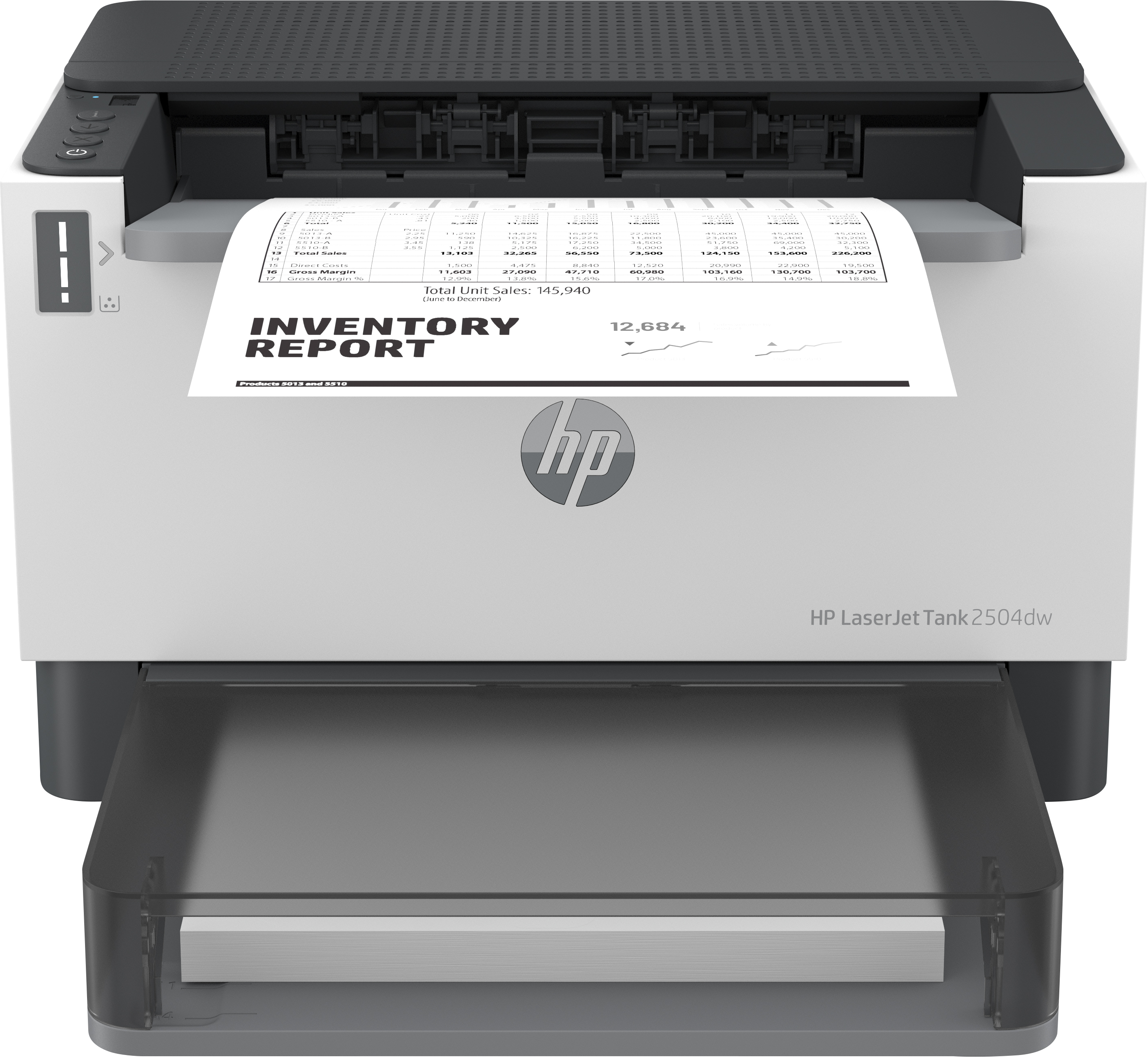 Weiß-schwarzer HP-Drucker, der einen Bericht druckt. Text: Inventory Report. HP Laserjet Tank 2504dw.