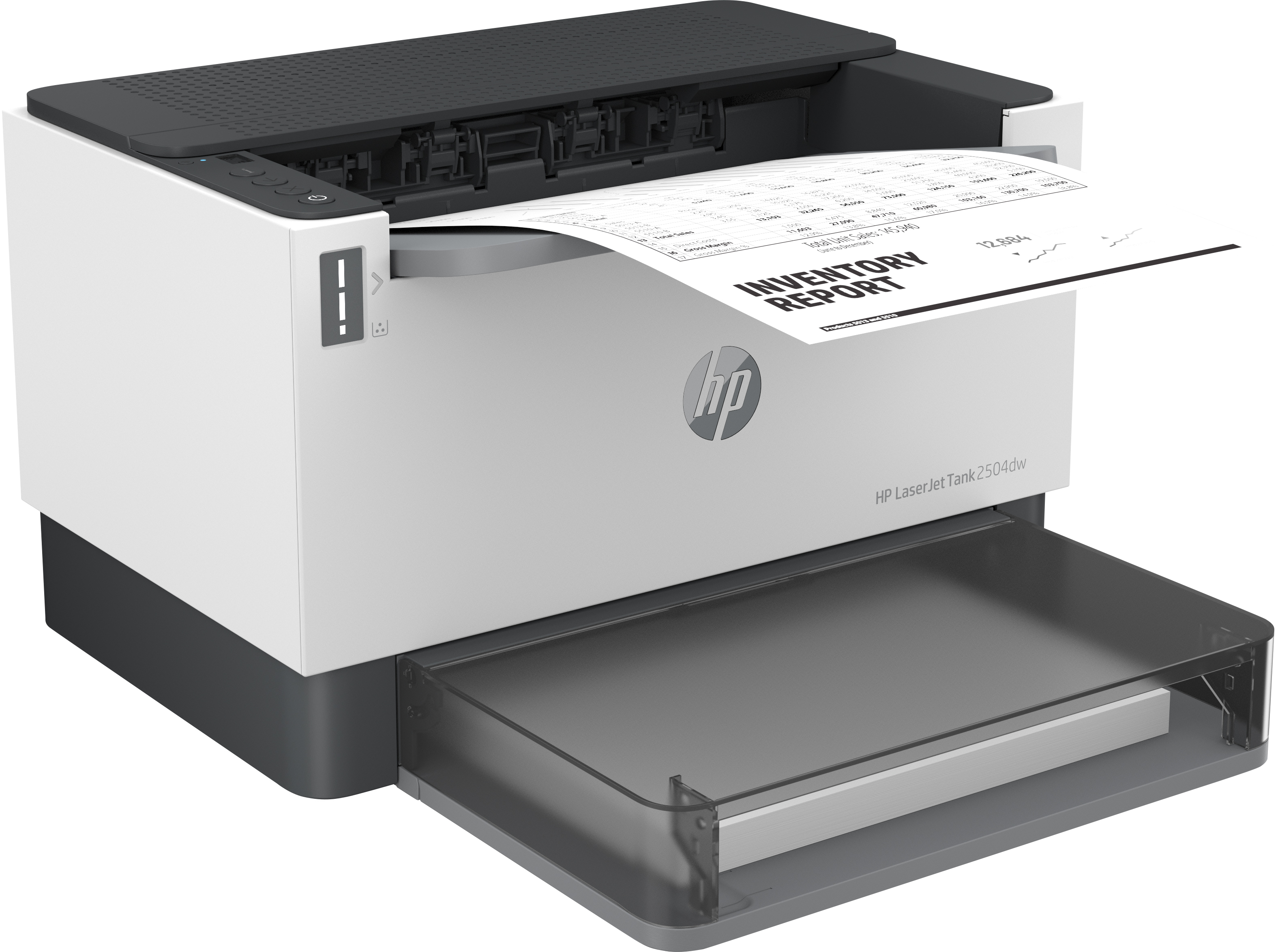 Weißer und schwarzer HP-Drucker, der einen Bericht druckt. Ein Fach hält Papier.