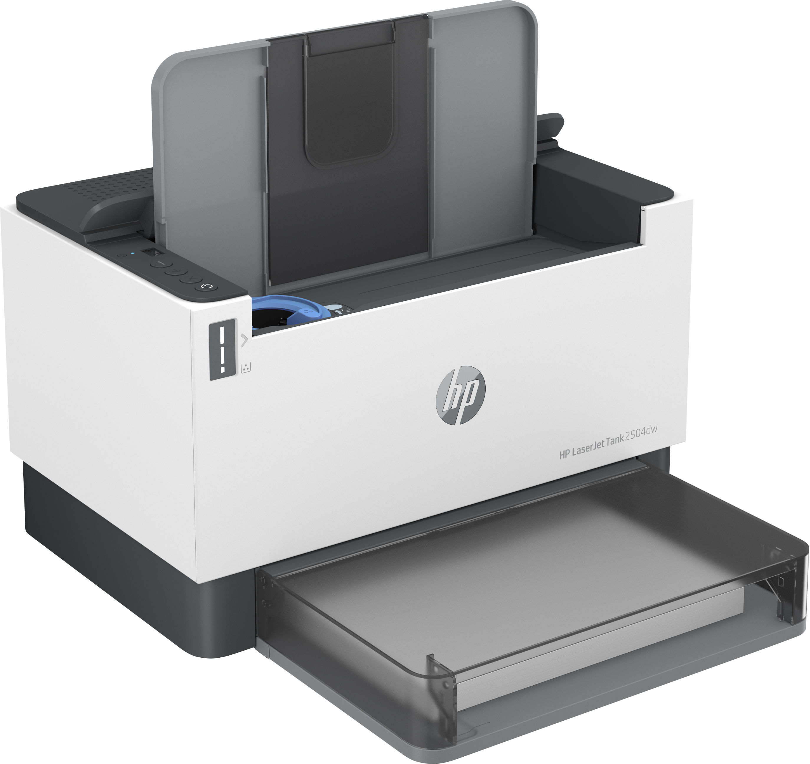 Ein weißer und grauer HP Laserjet-Drucker mit ausgezogenem Papierfach.