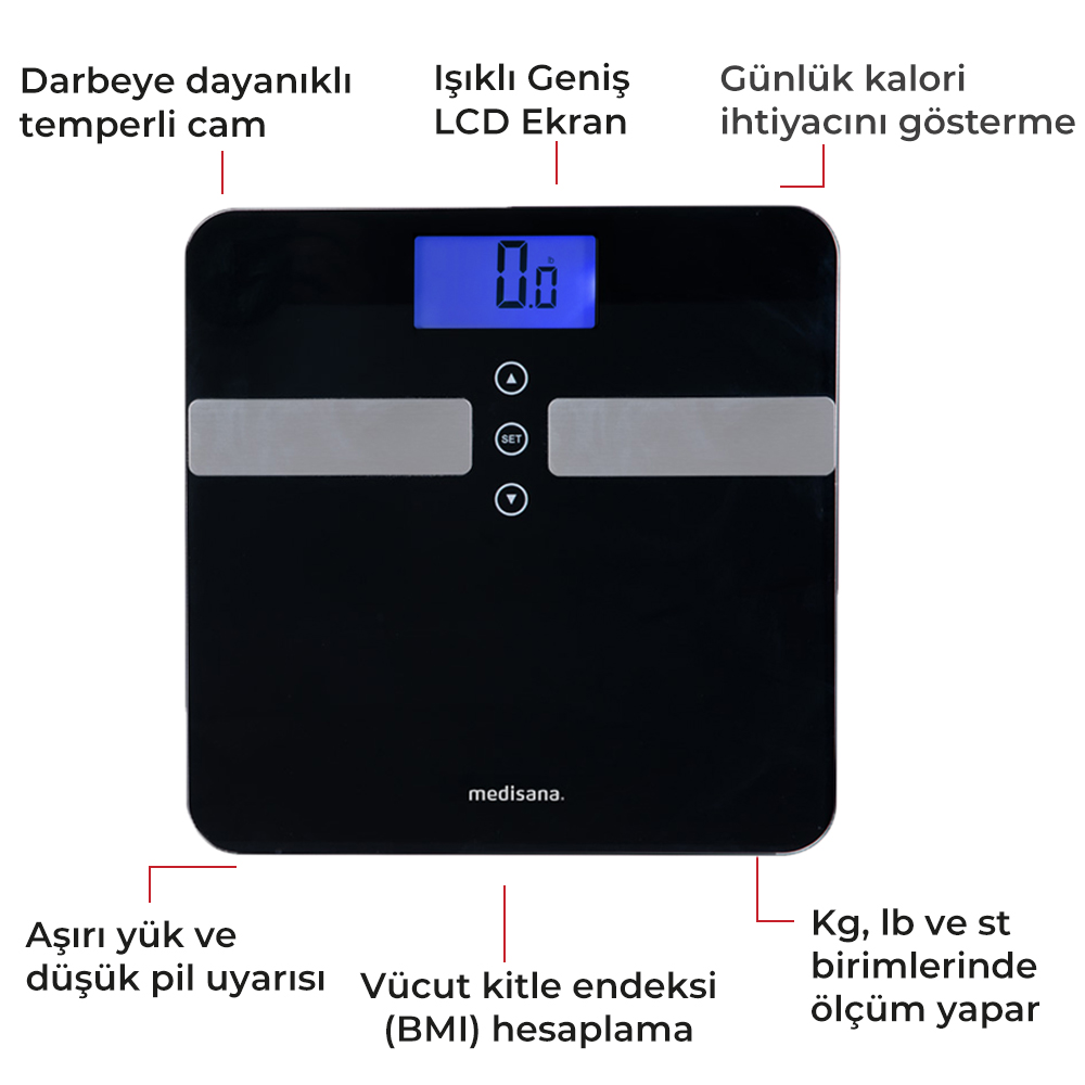 Siyah dijital tartı, ağırlığı, BMI'yi ve göstergeleri gösteriyor.